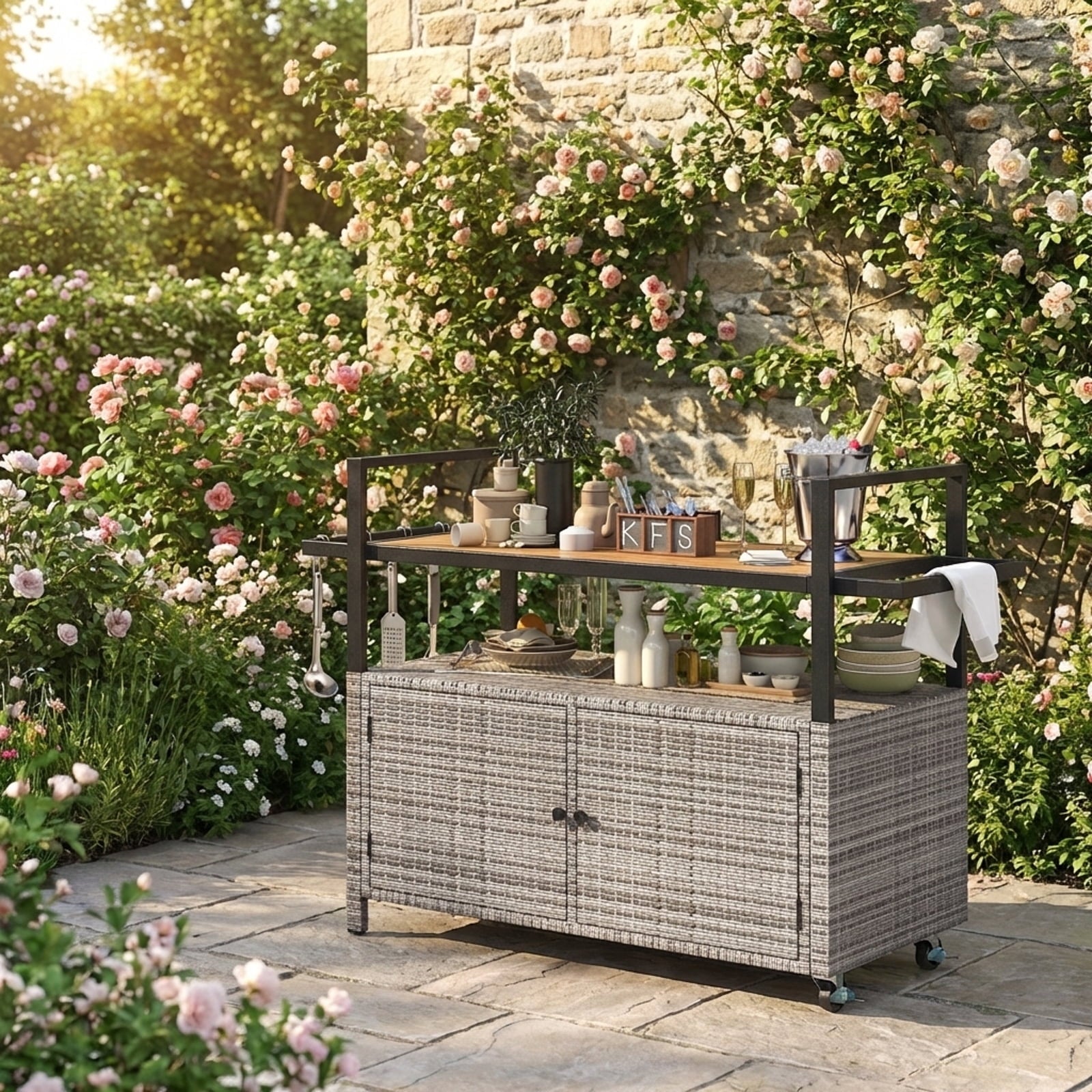 Biotree Outdoor Wicker Bar Cart with Cabinet and 8 Hooks Rolling Patio Serving Cart for Backyard Entertaining, Gray