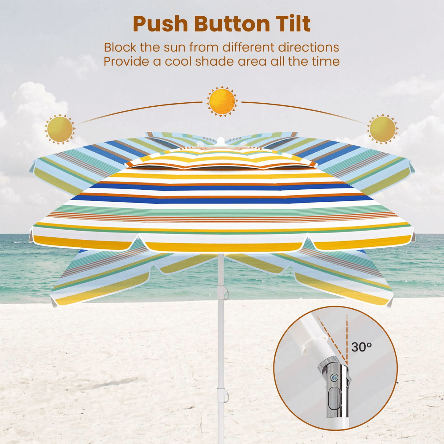 Biotree 6.5 Feet Beach Umbrella with UPF50+ Sun Protection and Push Button Tilt-Colorful - Portable Sun Shade for Beach Pool Backyard