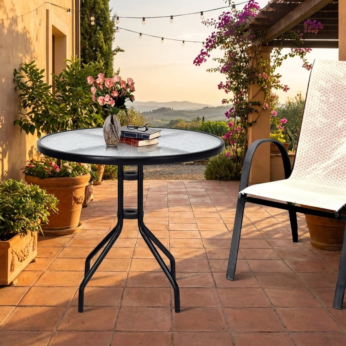 Biotree 32 Inch Round Outdoor Patio Dining Table with Tempered Glass Top and Umbrella Hole for Backyard and Balcony, Black