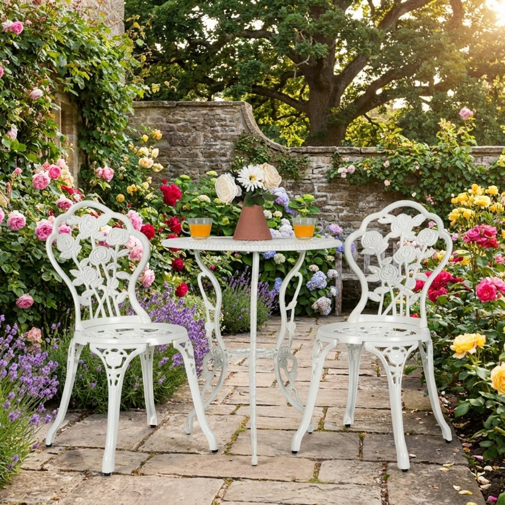 Biotree Outdoor Cast Aluminum Patio Furniture Set with Rose Design Outdoor Conversation Set for Garden Backyard PorchWhite