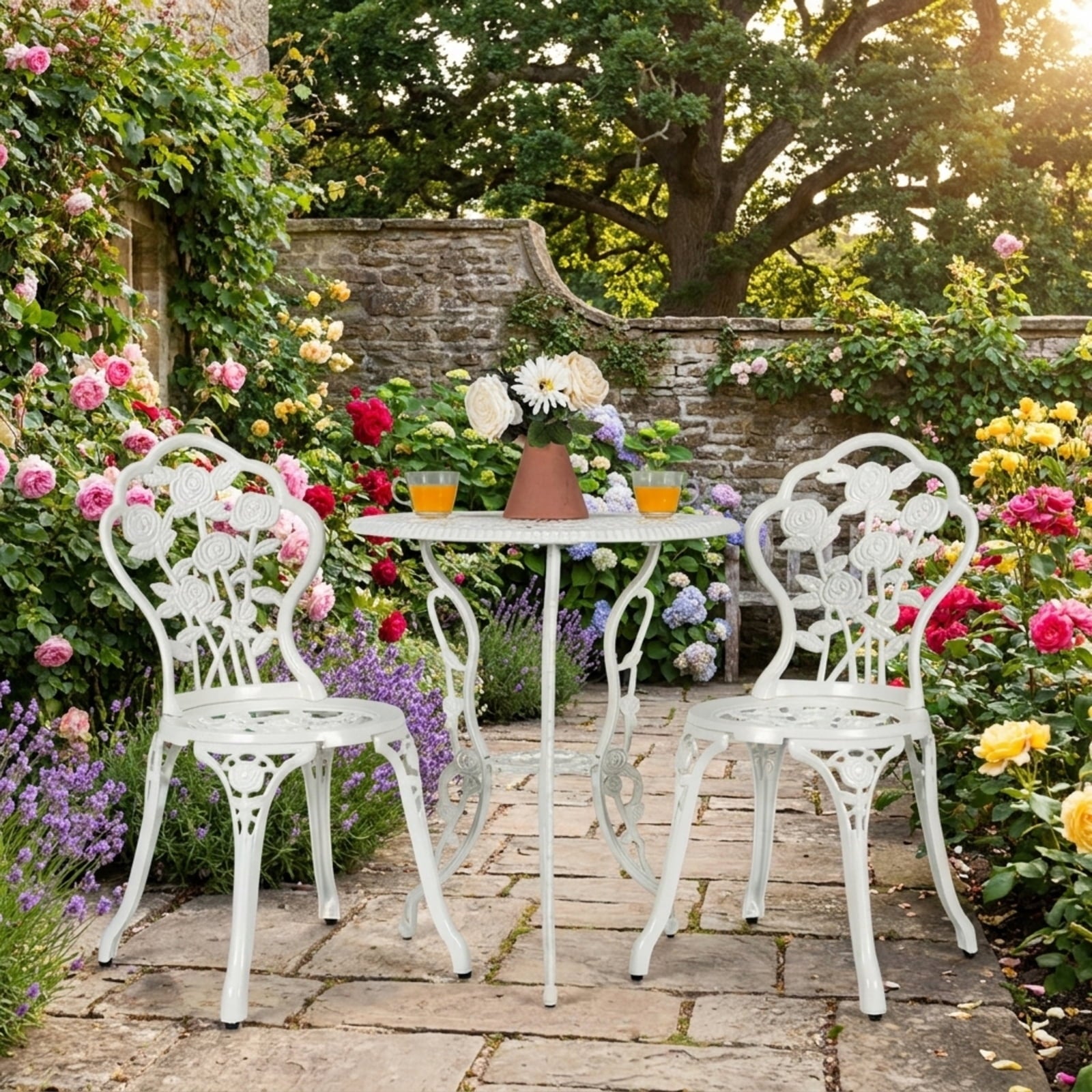 Biotree Outdoor Cast Aluminum Patio Furniture Set with Rose Design Outdoor Conversation Set for Garden Backyard PorchWhite