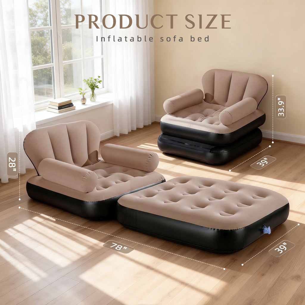 Biotree Inflatable Sofa Bed, 5-in-1 Foldable Thickened Flocked PVC Blow up Sofa with 2 Pumps, Air Couch Mattress for Camping,Brown