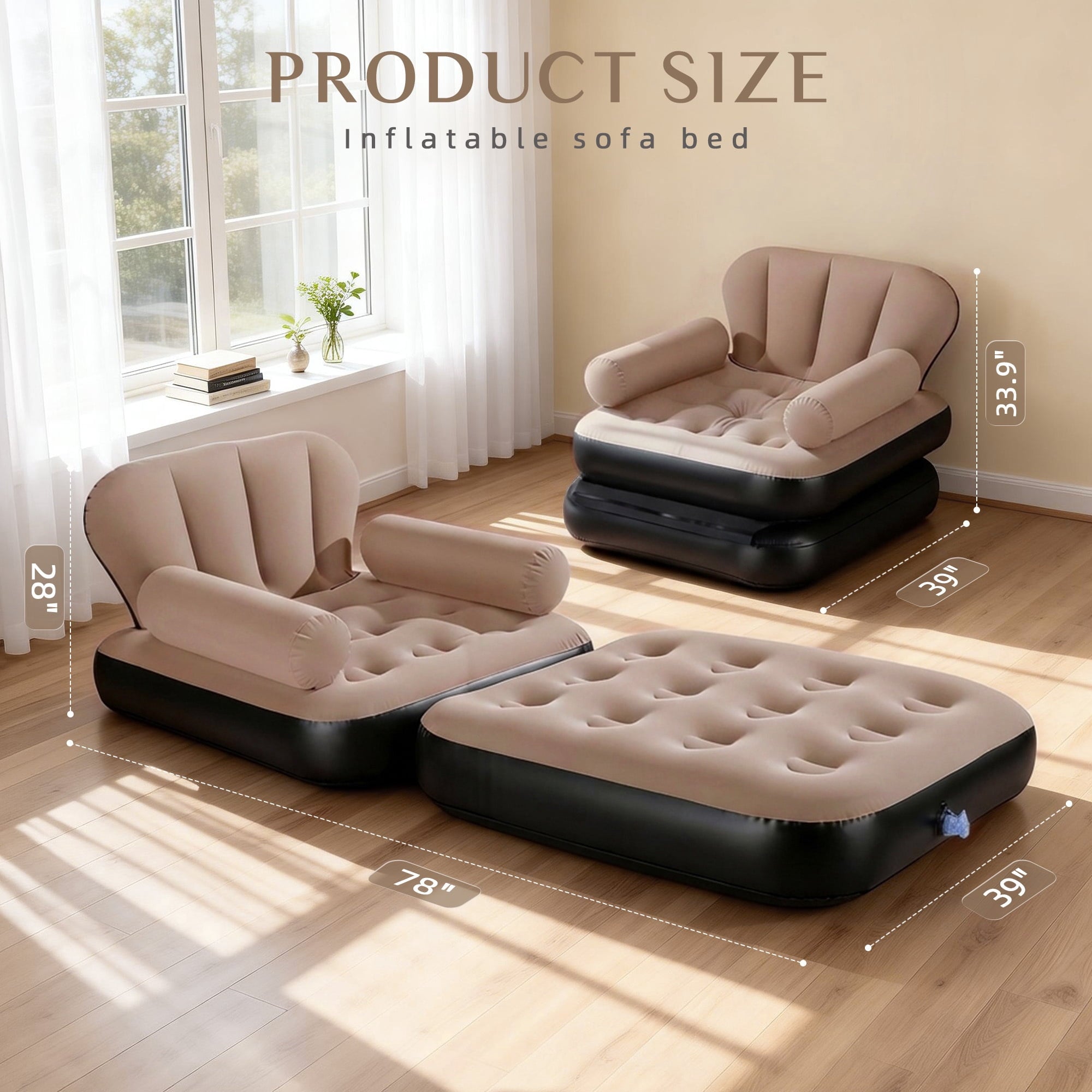 Biotree Inflatable Sofa Bed, 5-in-1 Foldable Thickened Flocked PVC Blow up Sofa with 2 Pumps, Air Couch Mattress for Camping,Brown