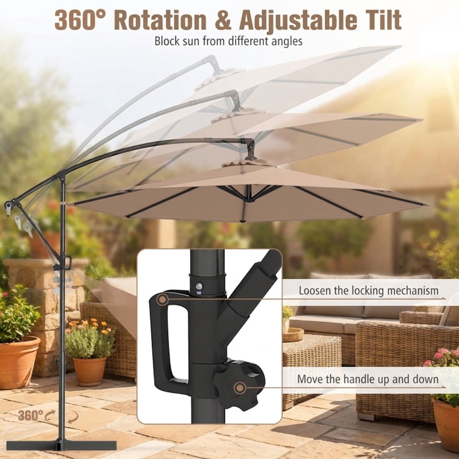 Biotree 10 ft Cantilever Patio Umbrella Offset Hanging with Cross Base, 8 Ribs - Beige for Backyard Garden Poolside