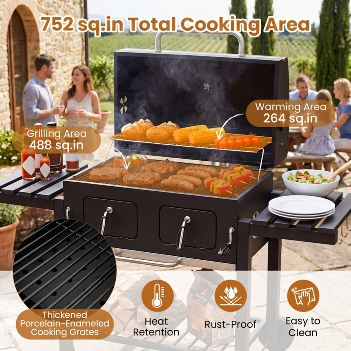 Biotree 780 SQIN Large Charcoal Grill, Outdoor BBQ Grill with Adjustable Charcoal Trays, Protective Cover, Folding Side Tables - Wheels, Portable Charcoal Cooker for Backyard Patio Camping Black