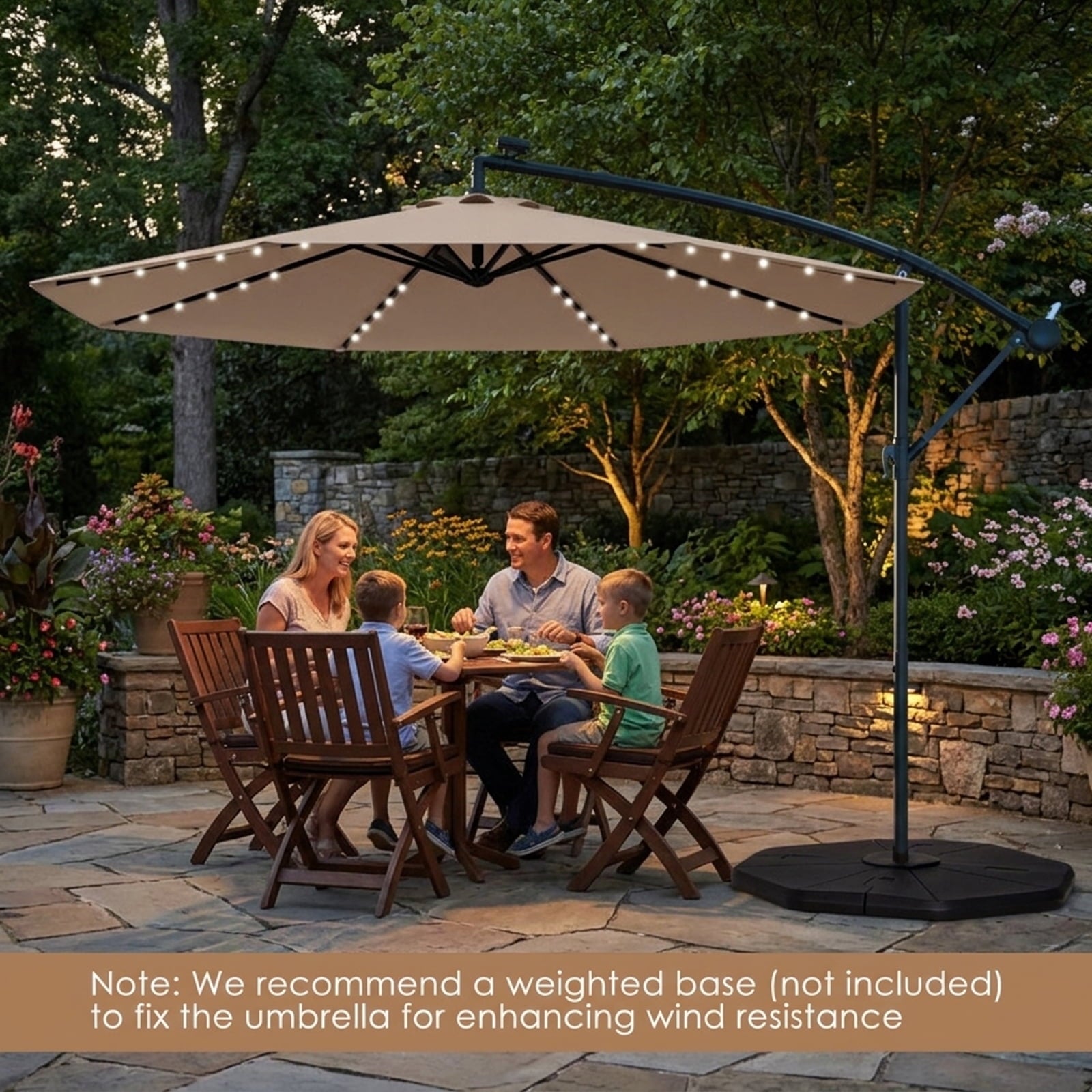 Biotree 10 ft Solar Offset Hanging Umbrella with 40 LED Lights and Cross Base 180G Polyester UV-Resistant Canopy for Outdoor - Wine Red
