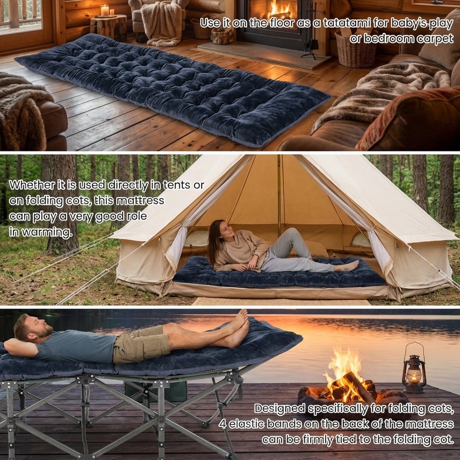 Biotree 75 x 27.5 Inch Camping Cot Pad with Soft Breathable Crystal Velvet Portable Sleeping Pad for Camping Cot, Navy Blue