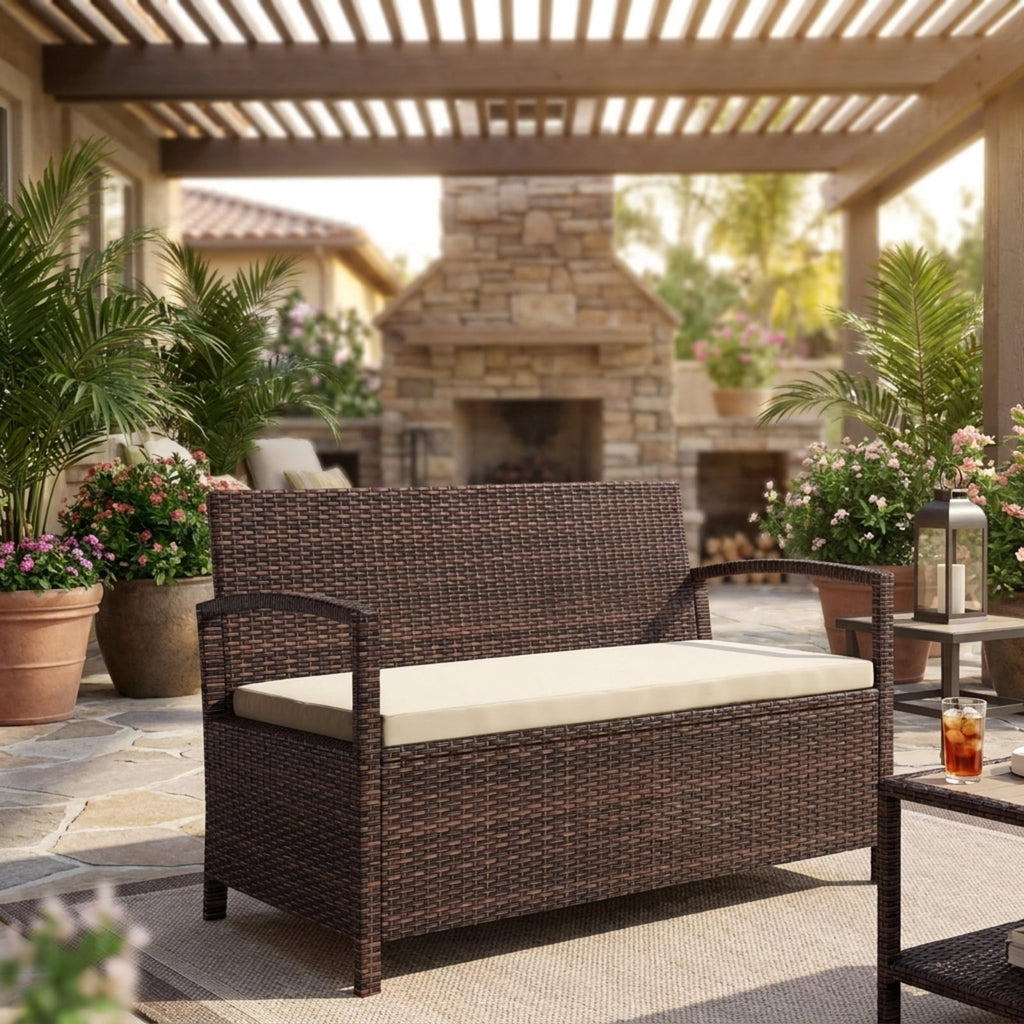 Biotree Outdoor PE Wicker Storage Bench 2 Seater with Cushion and 42 Gallon Deck Box Stackable Patio Chair for Garden BackyardBeige