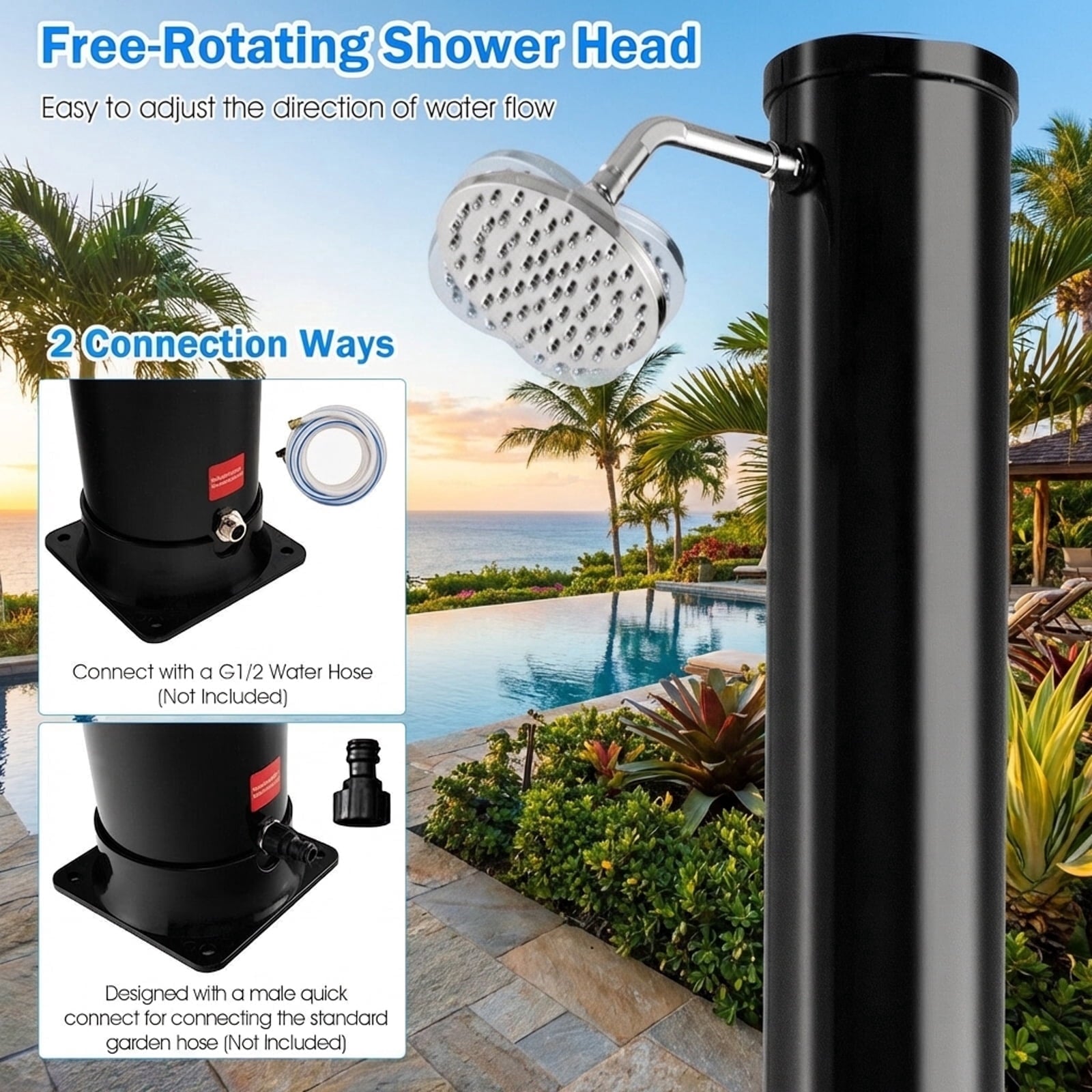 Biotree 7.2 Feet Solar-Heated Outdoor Shower with Free-Rotating Shower Head Portable Camping Shower for Pool Patio, Black