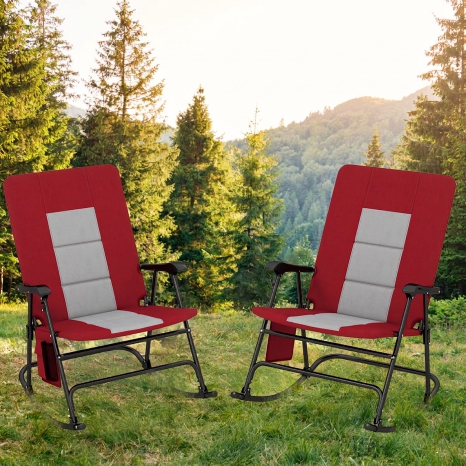 Biotree Foldable Rocking Padded Portable Camping Chair with Backrest and Armrest Stackable Patio Chair for Garden BackyardRed