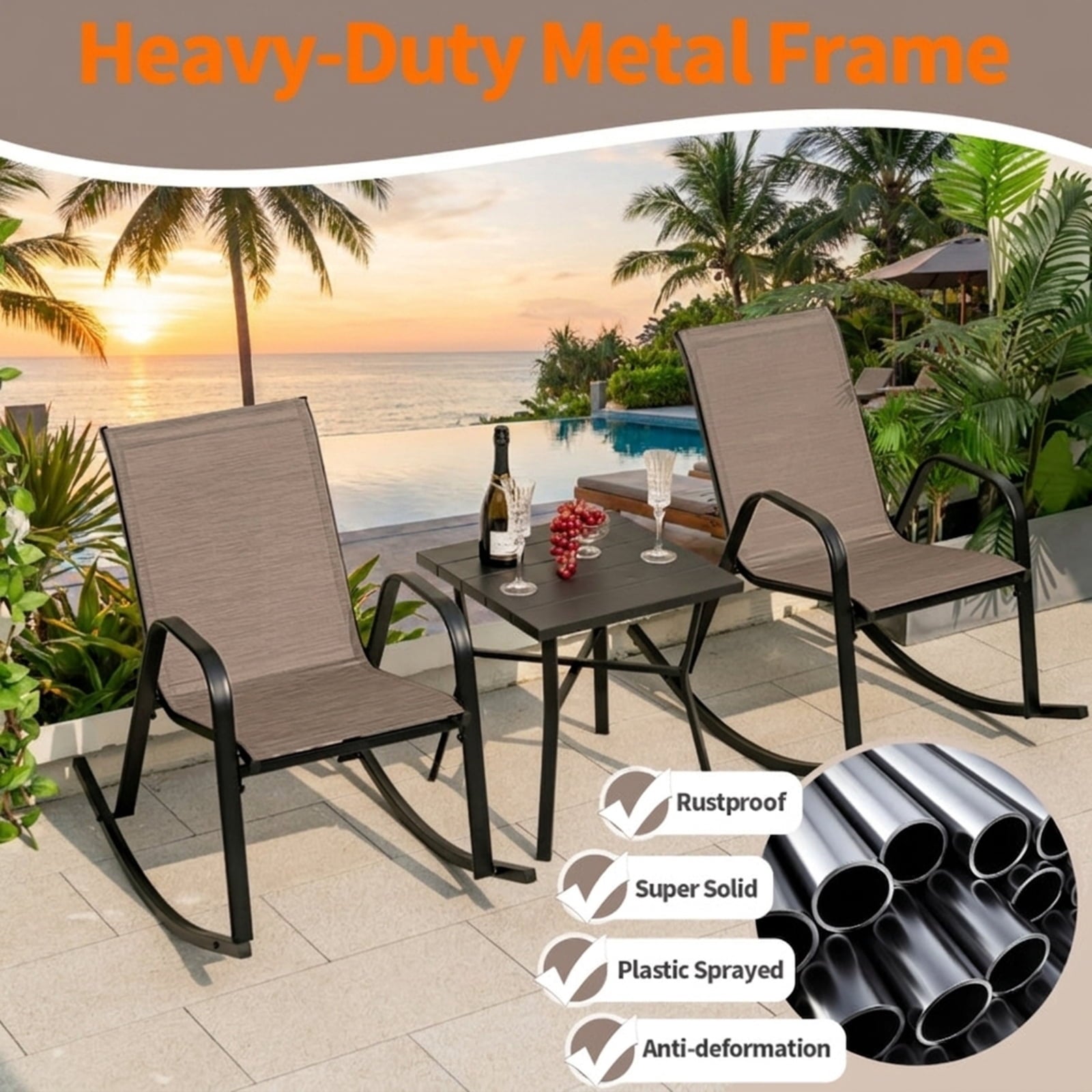 Biotree Set of 2 Heavy-Duty Metal Patio Rocking Chair with Breathable Seat Fabric Stackable Patio Chair for Garden BackyardBrown