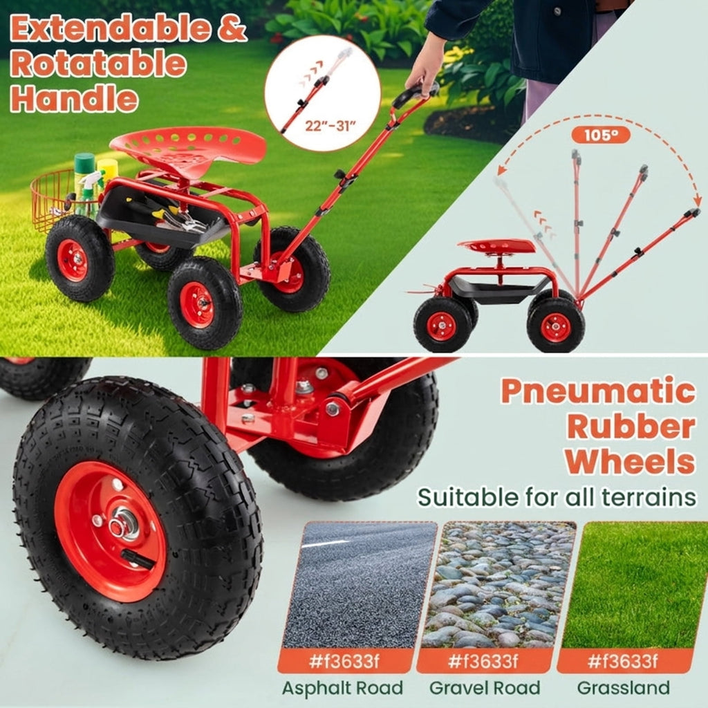Biotree Heavy Duty Garden Cart with Tool Tray and 360 Swivel Seat for Garden Yard Lawn Work Outdoor, Red