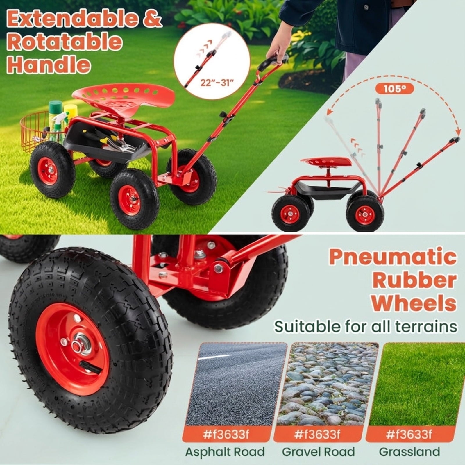 Biotree Heavy Duty Garden Cart with Tool Tray and 360 Swivel Seat for Garden Yard Lawn Work Outdoor, Red