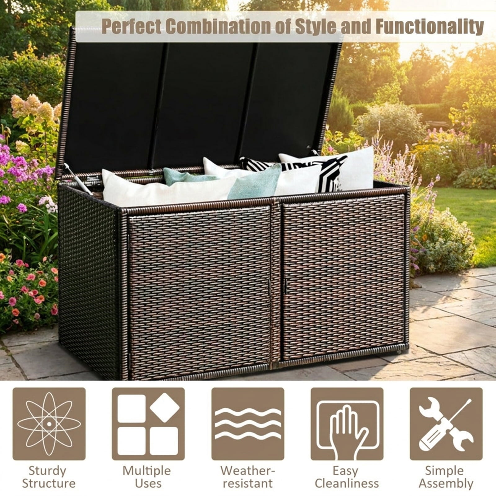 Biotree 88 Gallon Garden Patio Rattan Storage Container Box Outdoor Waterproof for Patio Deck Garden Cushions, Brown