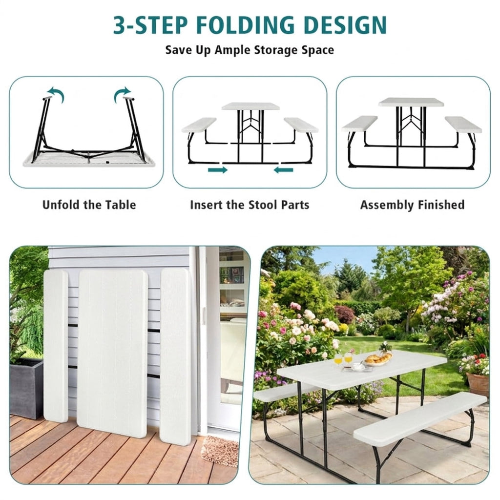 Biotree Indoor and Outdoor Folding Picnic Table Bench Set with Wood-like Texture, White