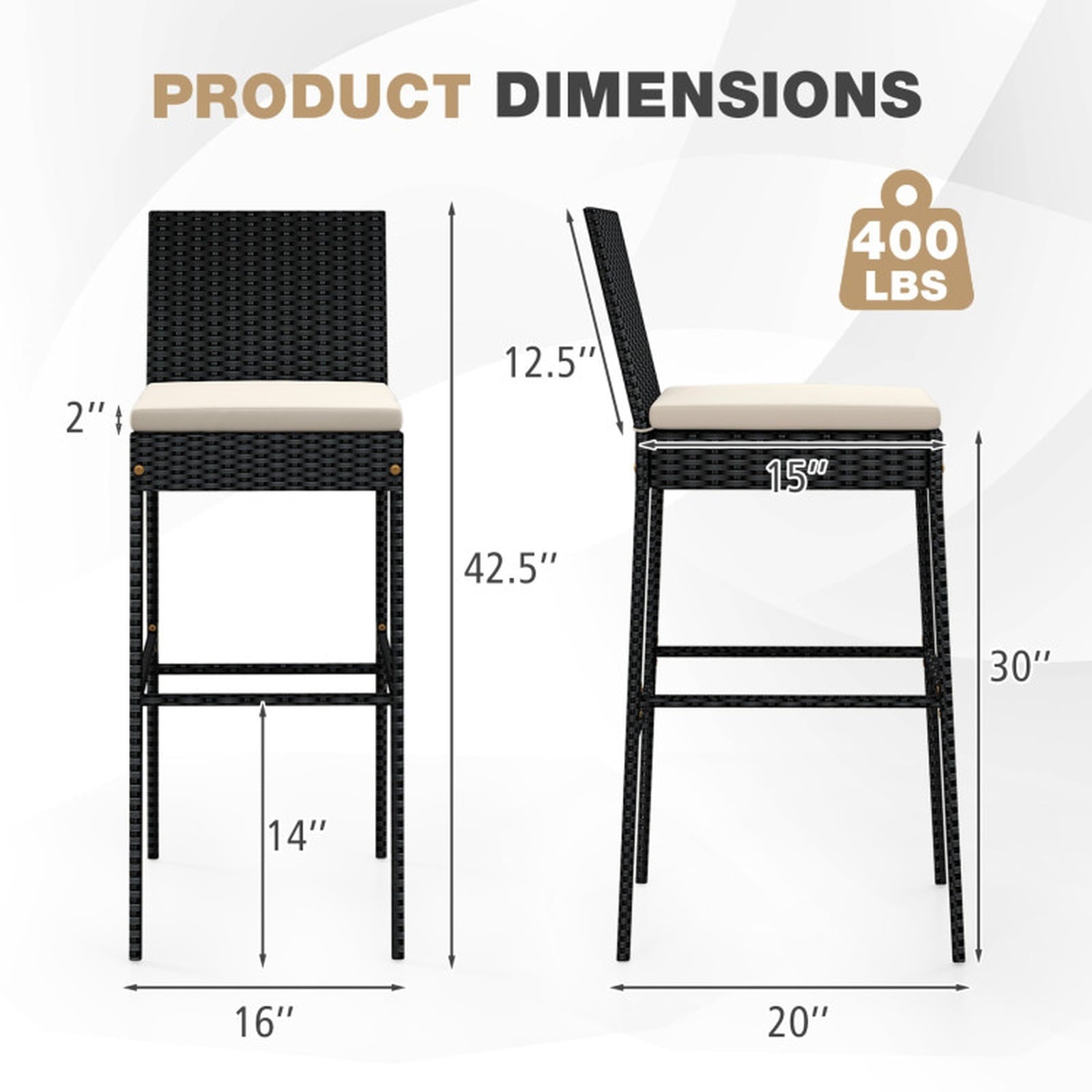 Biotree Patio Wicker Barstools with Footrest and Backrest Set of 4 for Patio Porch Garden Backyard Outdoor, Black