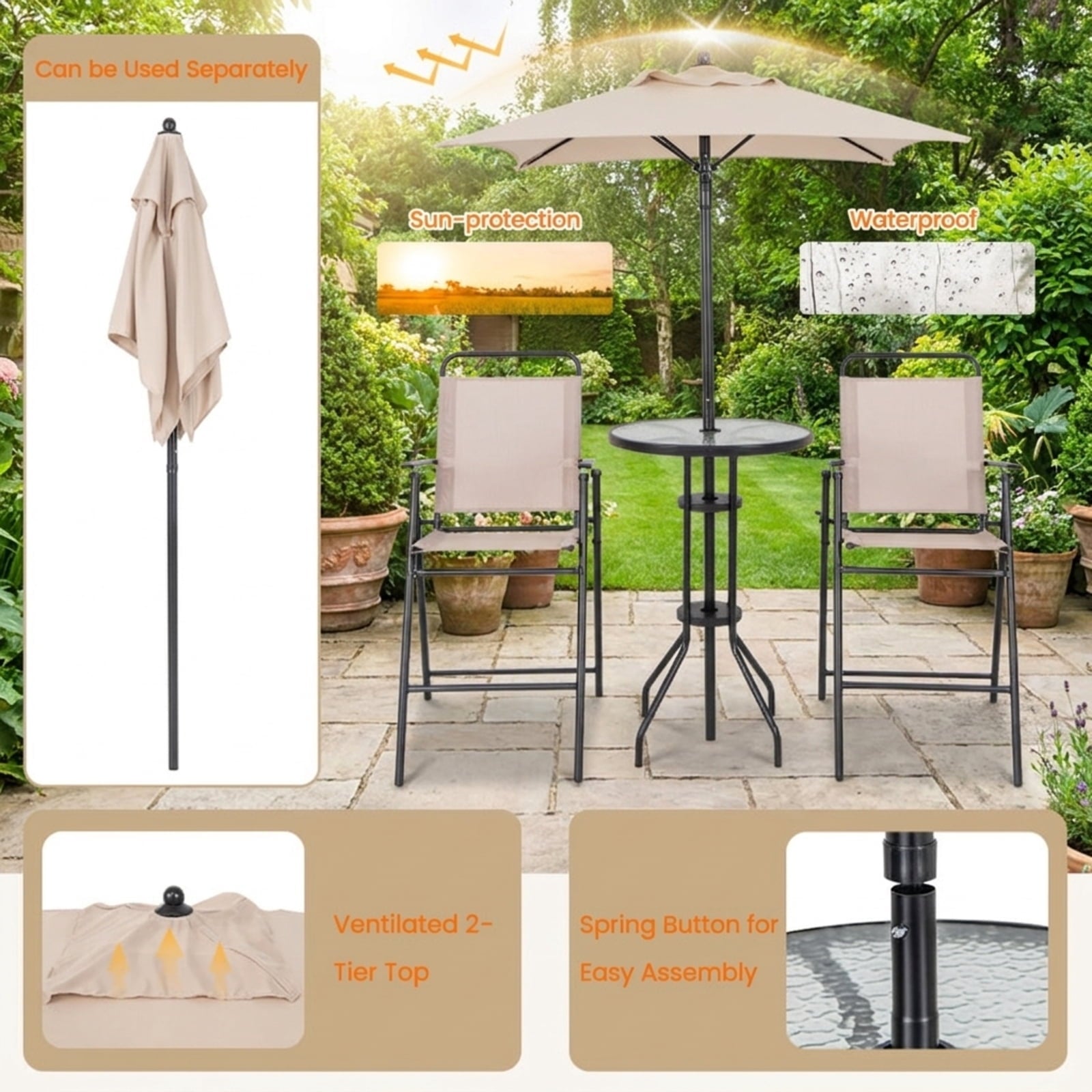Biotree 4 Pieces Outdoor Bar Set with Umbrella for Patio Porch Garden Backyard Outdoor, Beige