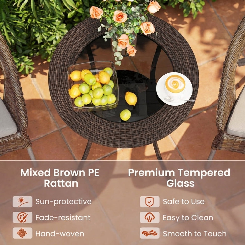 Biotree 25.5-Inch PE Wicker Patio Bistro Table Round with Tempered Glass Top and Shelf, Black