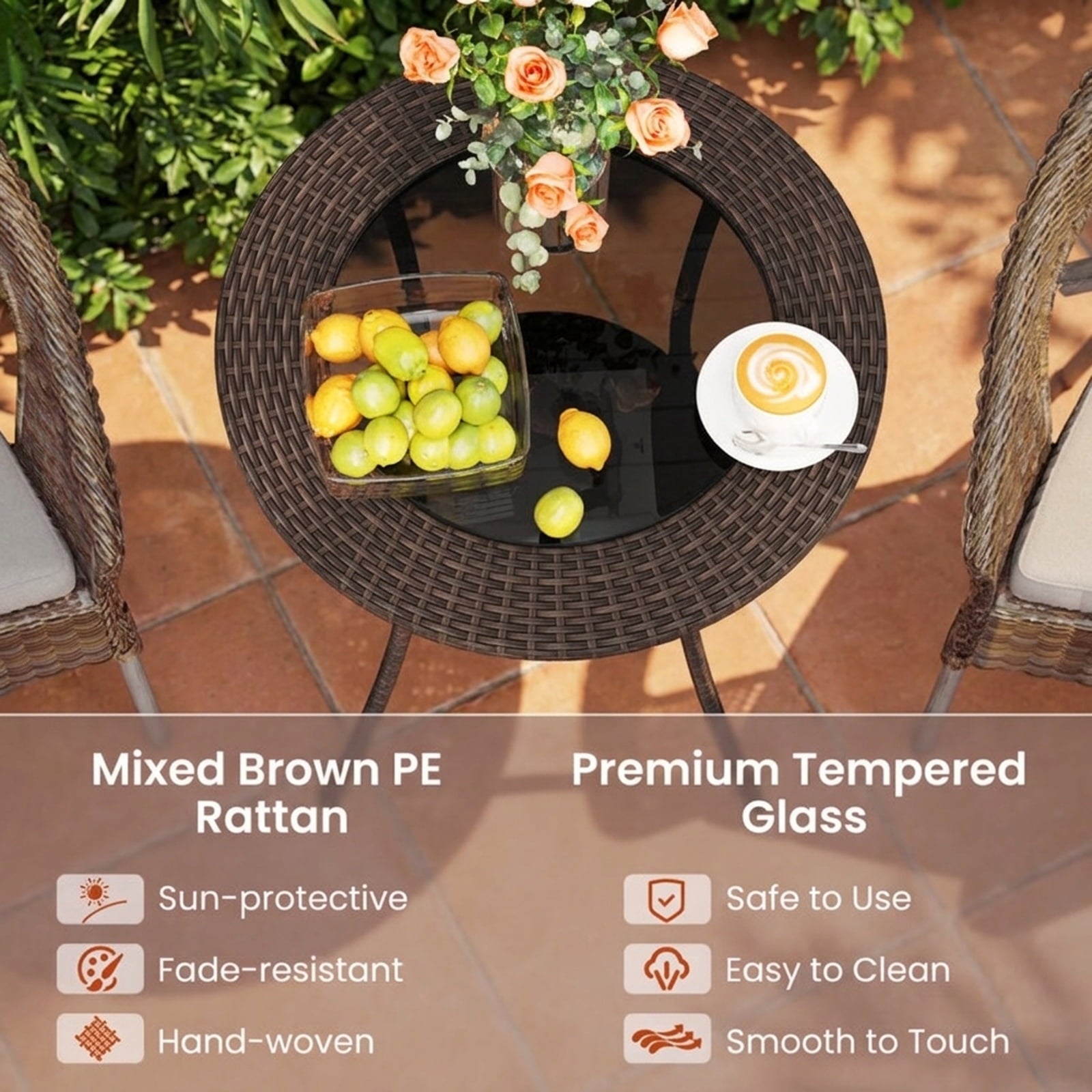 Biotree 25.5-Inch PE Wicker Patio Bistro Table Round with Tempered Glass Top and Shelf, Black