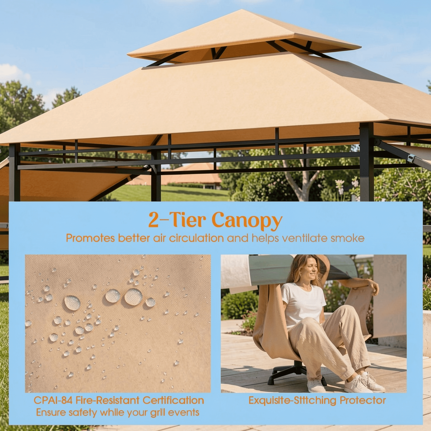 Biotree 13.5 x 4 Feet Patio BBQ Grill Gazebo Canopy with Dual Side Awnings Brown - Outdoor Patio Backyard Garden Shade Canopy Shelter