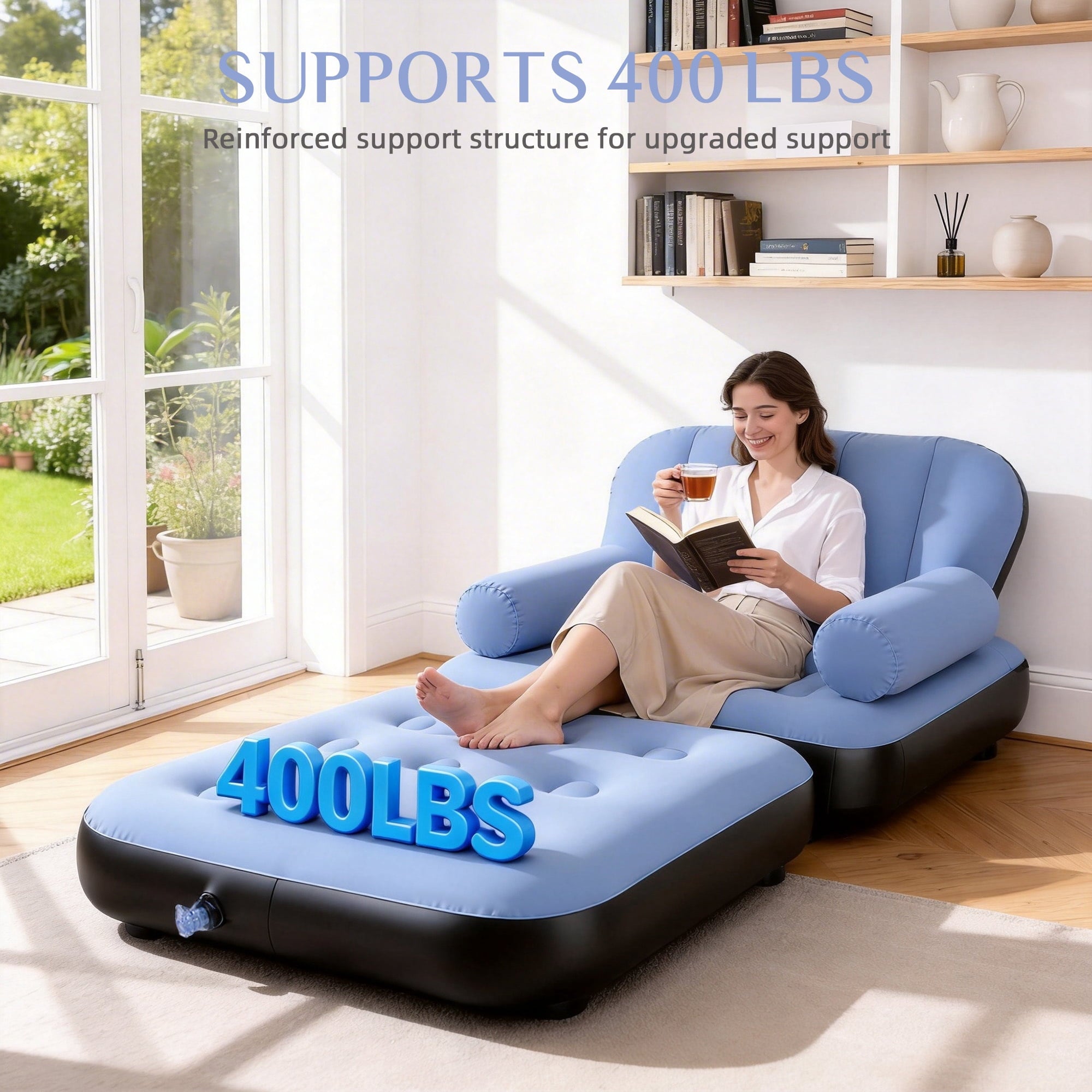 Biotree Inflatable Sofa Bed, 5-in-1 Foldable Thickened Flocked PVC Blow up Sofa with 2 Pumps, Air Couch Mattress for Camping,Blue