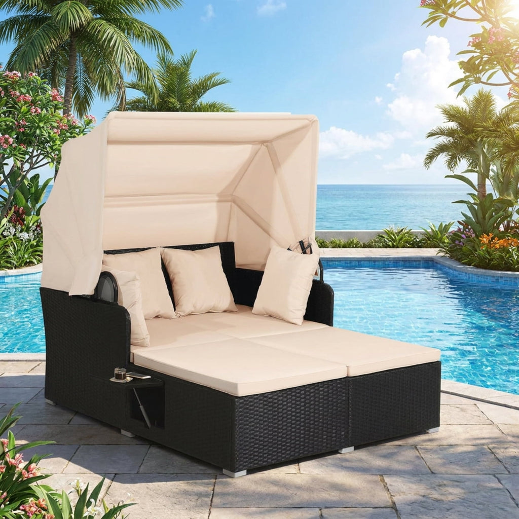 Biotree Patio Rattan Daybed with Retractable Canopy and Side Tables Outdoor Conversation Set for Garden Backyard PorchBeige
