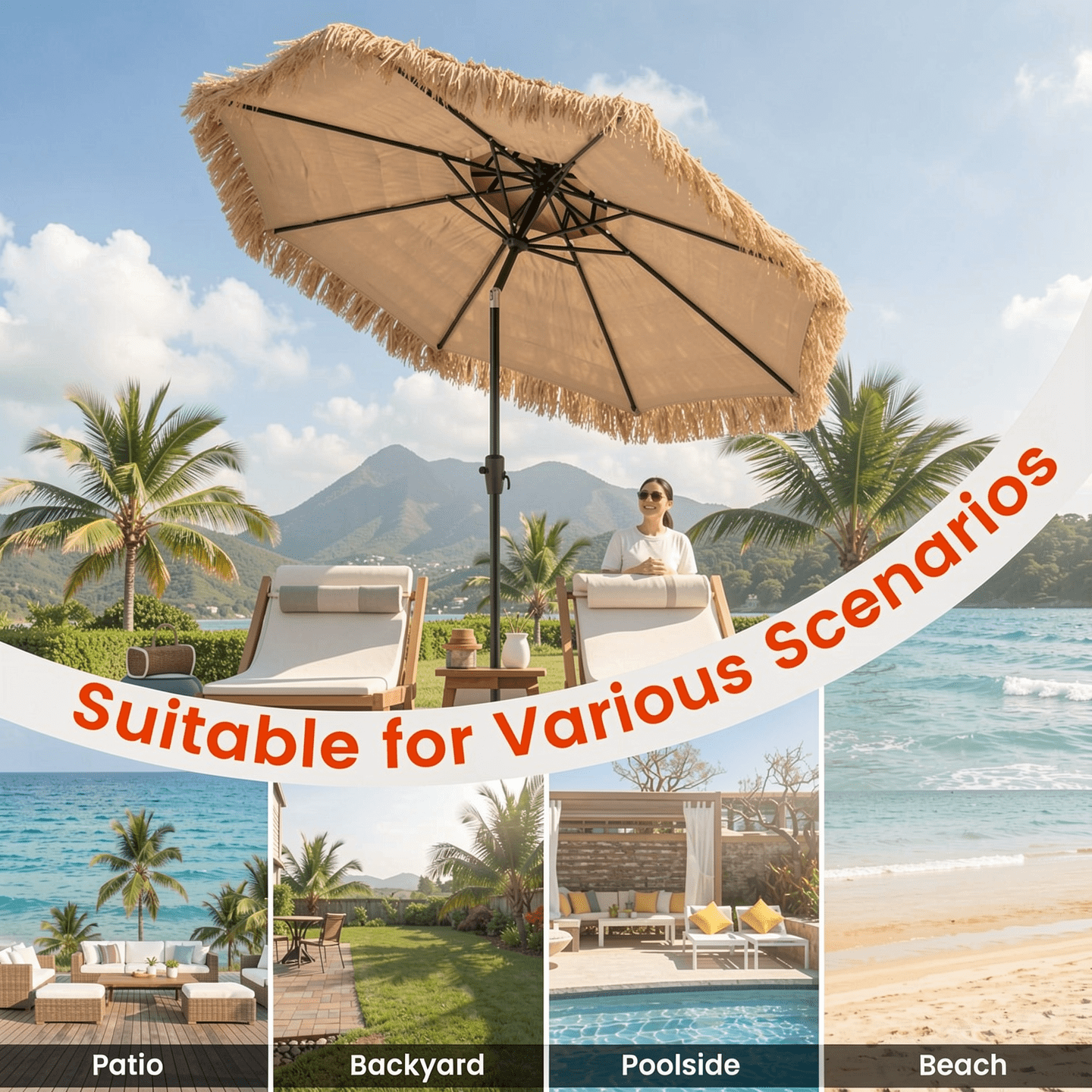 Biotree 9 Feet Thatched Tiki Umbrella with 8 Ribs Natural - Outdoor Patio Garden Sun Shade with UV Protection for Deck Lawn and Garden