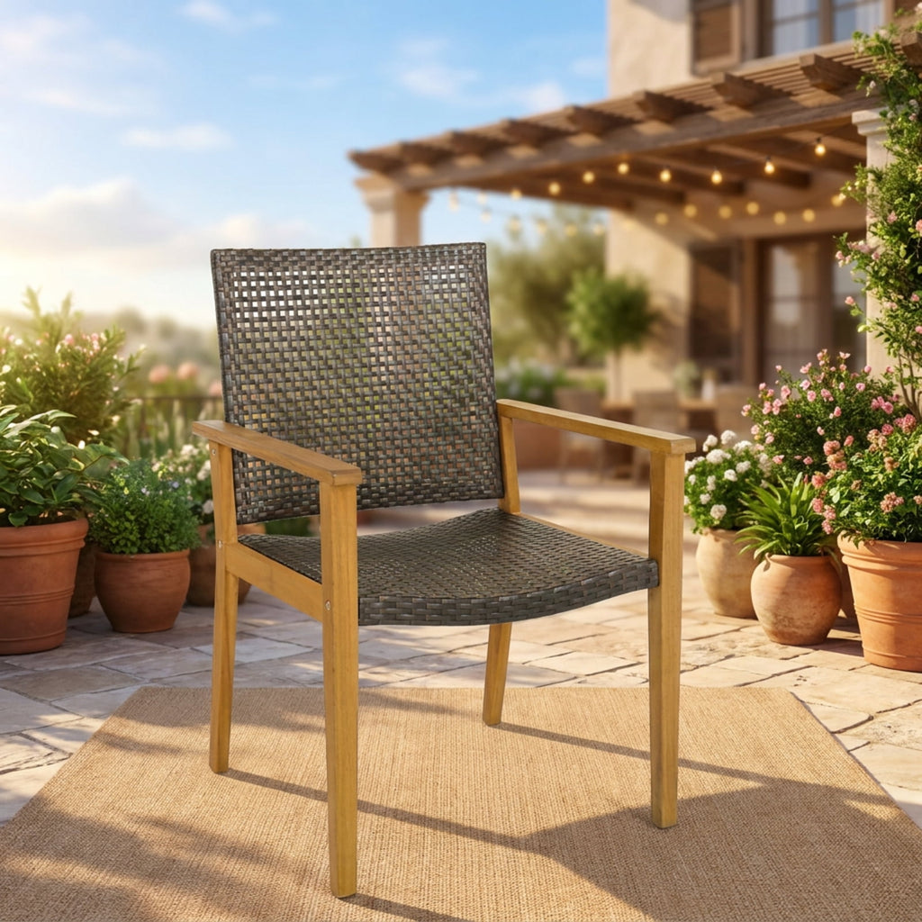 Biotree Set of 4 Outdoor Rattan Chair with Sturdy Acacia Wood Frame-Set of 4 Stackable Patio Chair for Garden BackyardMix Brown