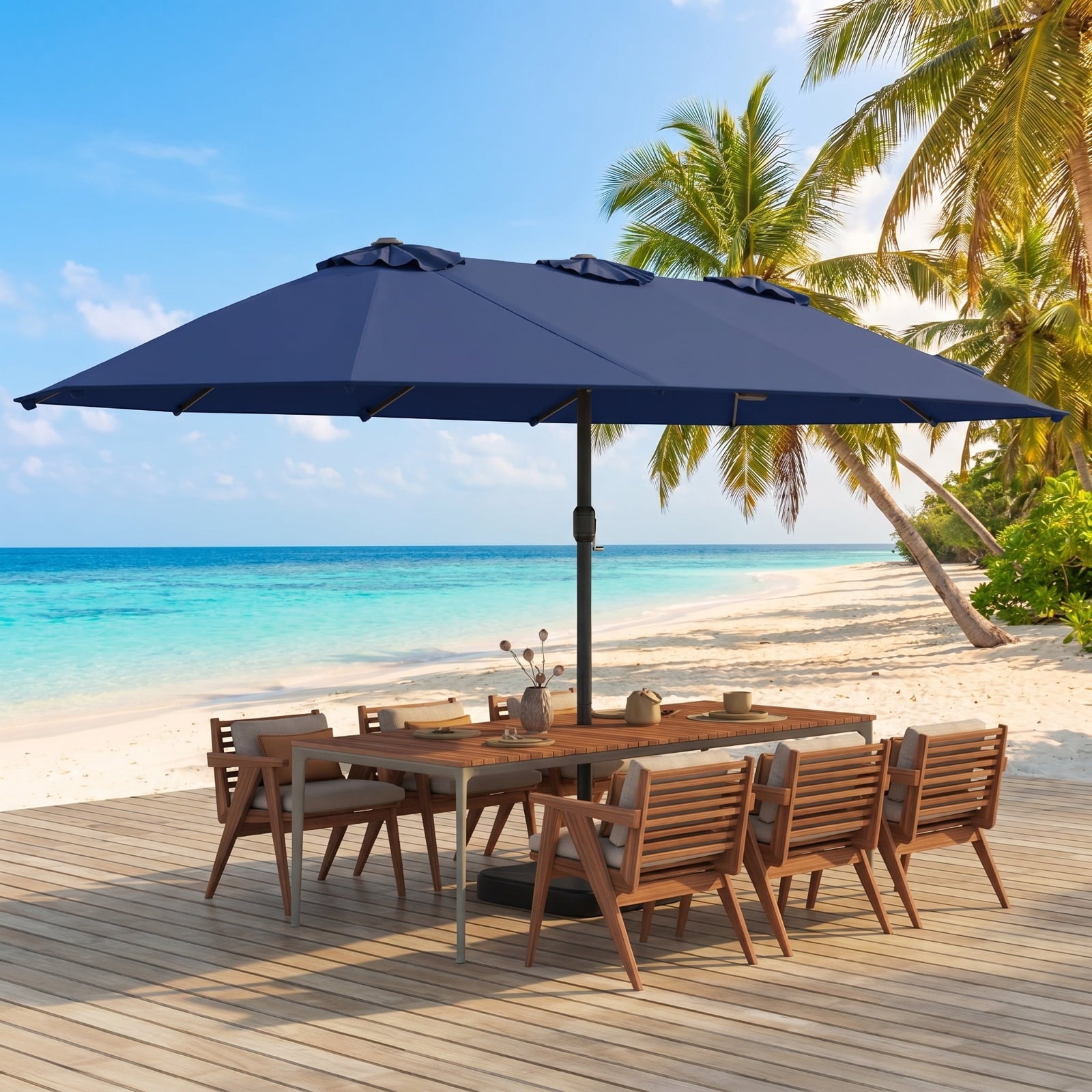 Biotree 15 ft Double-Sided Twin Patio Umbrella Crank Tilt Outdoor Shade - Blue - UV Protection with Cross Base