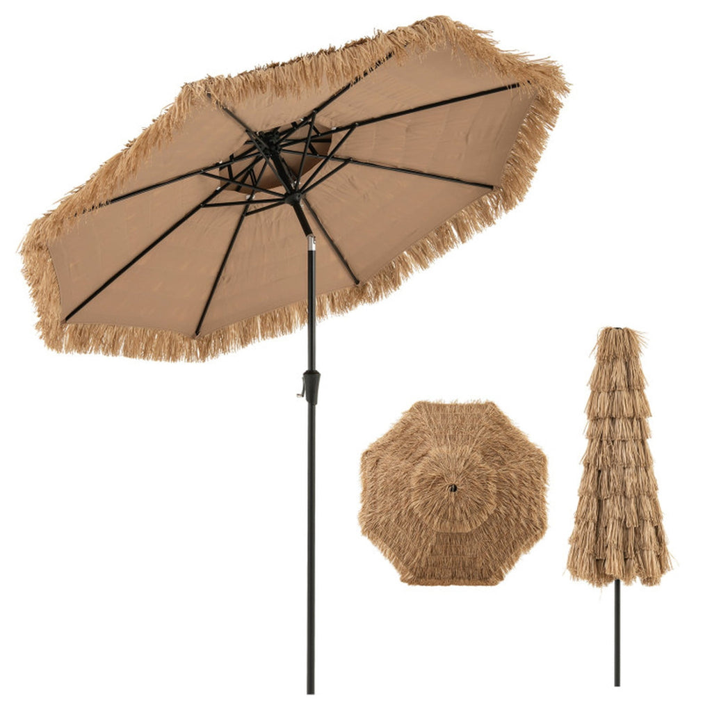 Biotree 9 Feet Thatched Tiki Umbrella with 8 Ribs Natural - Outdoor Patio Garden Sun Shade with UV Protection for Deck Lawn and Garden