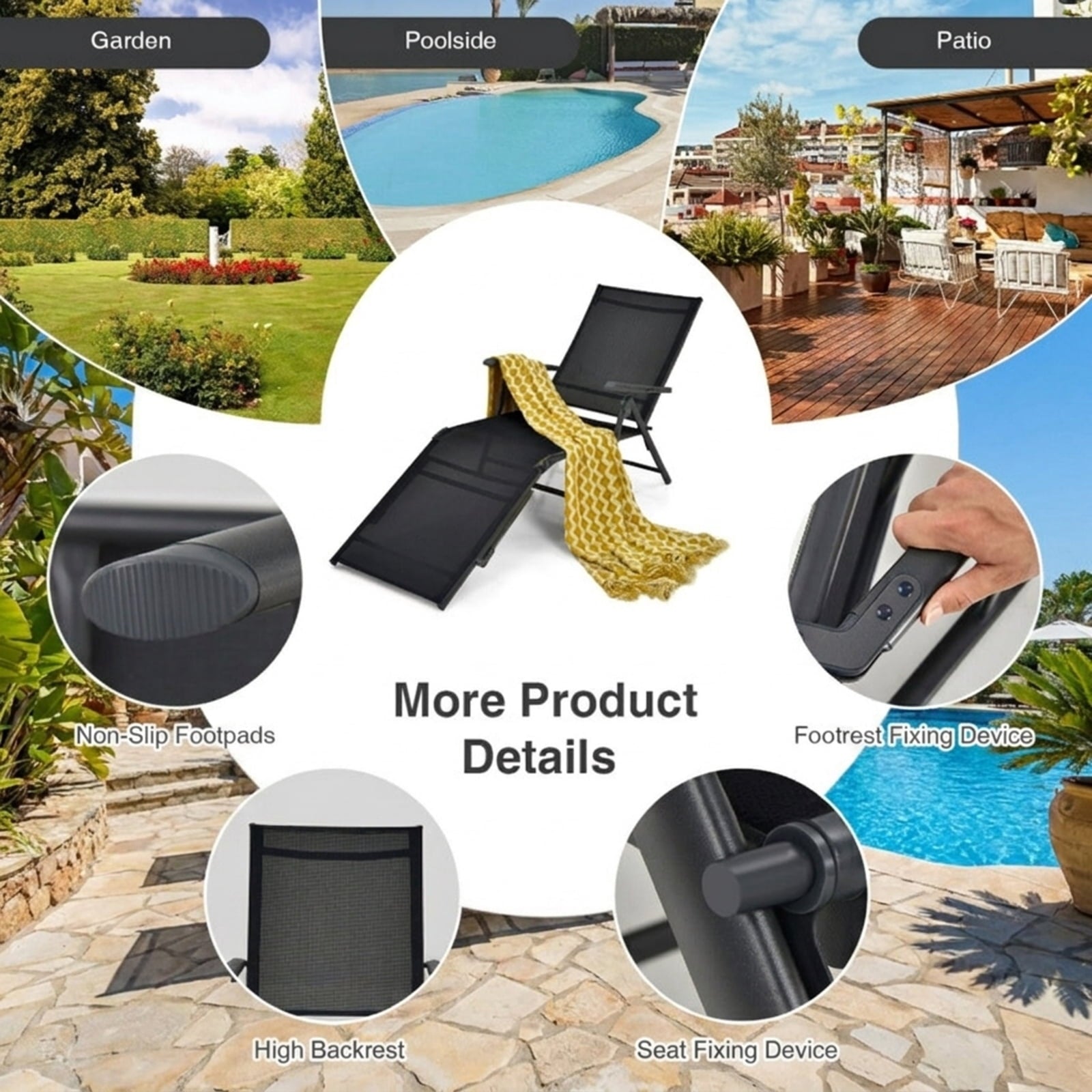 Biotree 2 Pieces Foldable Chaise Lounge Chair with 2-Position Footrest Stackable Patio Chair for Garden BackyardBlack