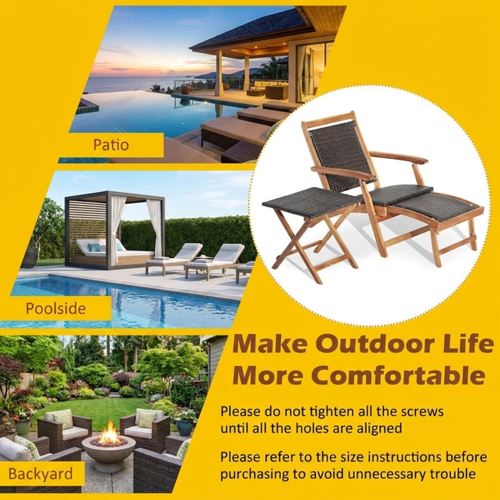 Biotree 2 Pieces Patio Rattan Folding Lounge Chair with Acacia Wood Table Stackable Patio Chair for Garden BackyardMix Brown