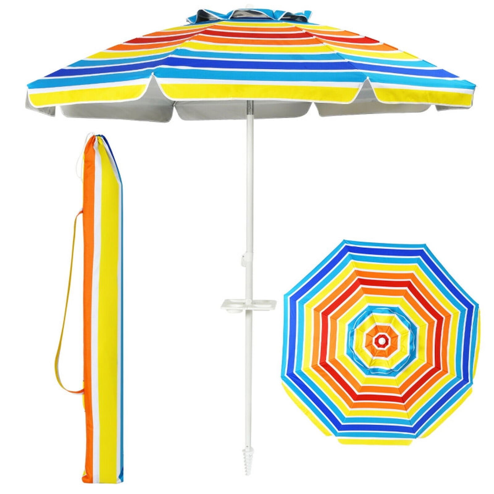 Biotree 7.2 ft Portable Beach Umbrella with Carrying Bag, 8 Ribs, Sand Tilt Mechanism - Multicolor for Backyard