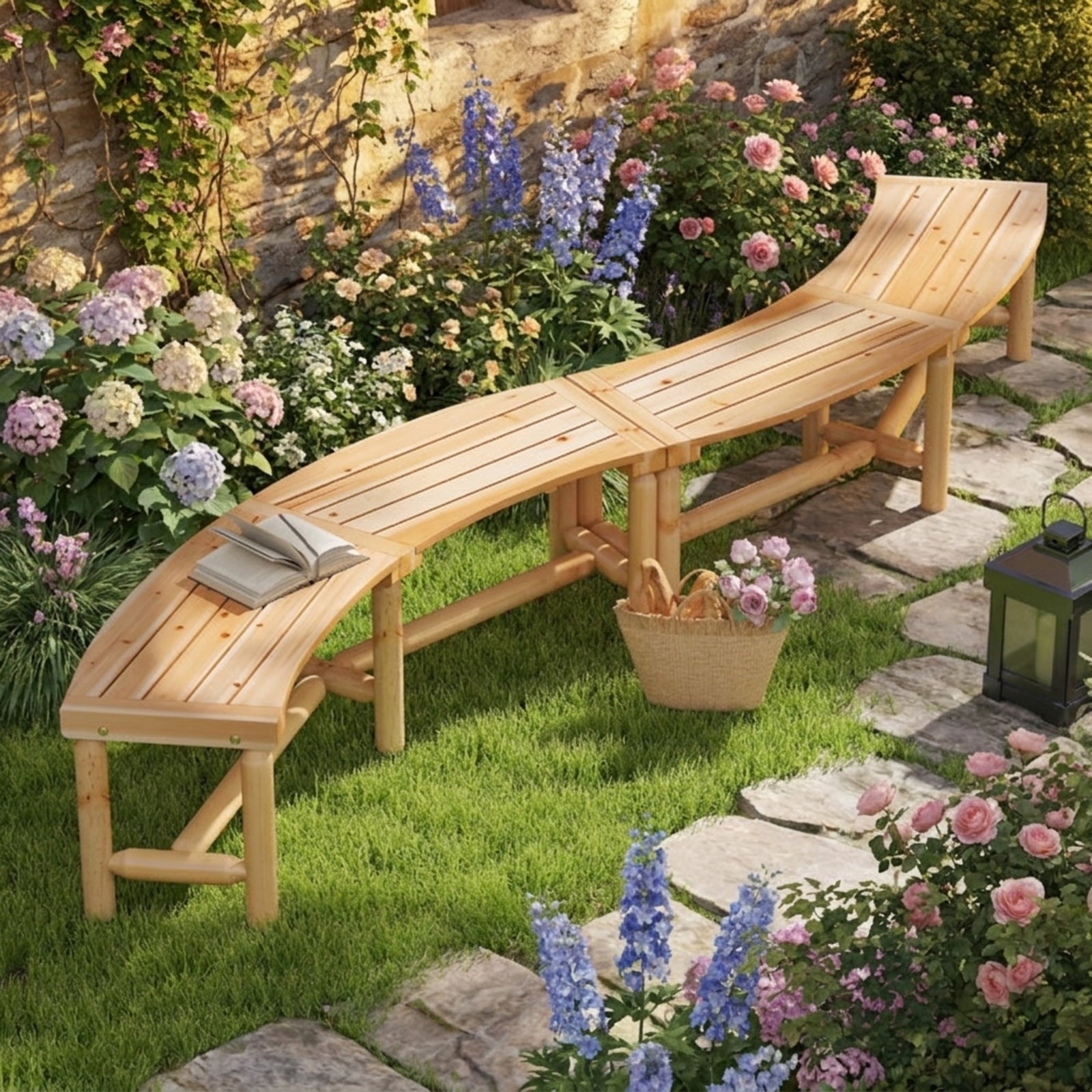 Biotree Patio Curved Bench Solid Wood Fire Pit Bench Outdoor Backless Loveseat Stackable Patio Chair for Garden BackyardNatural