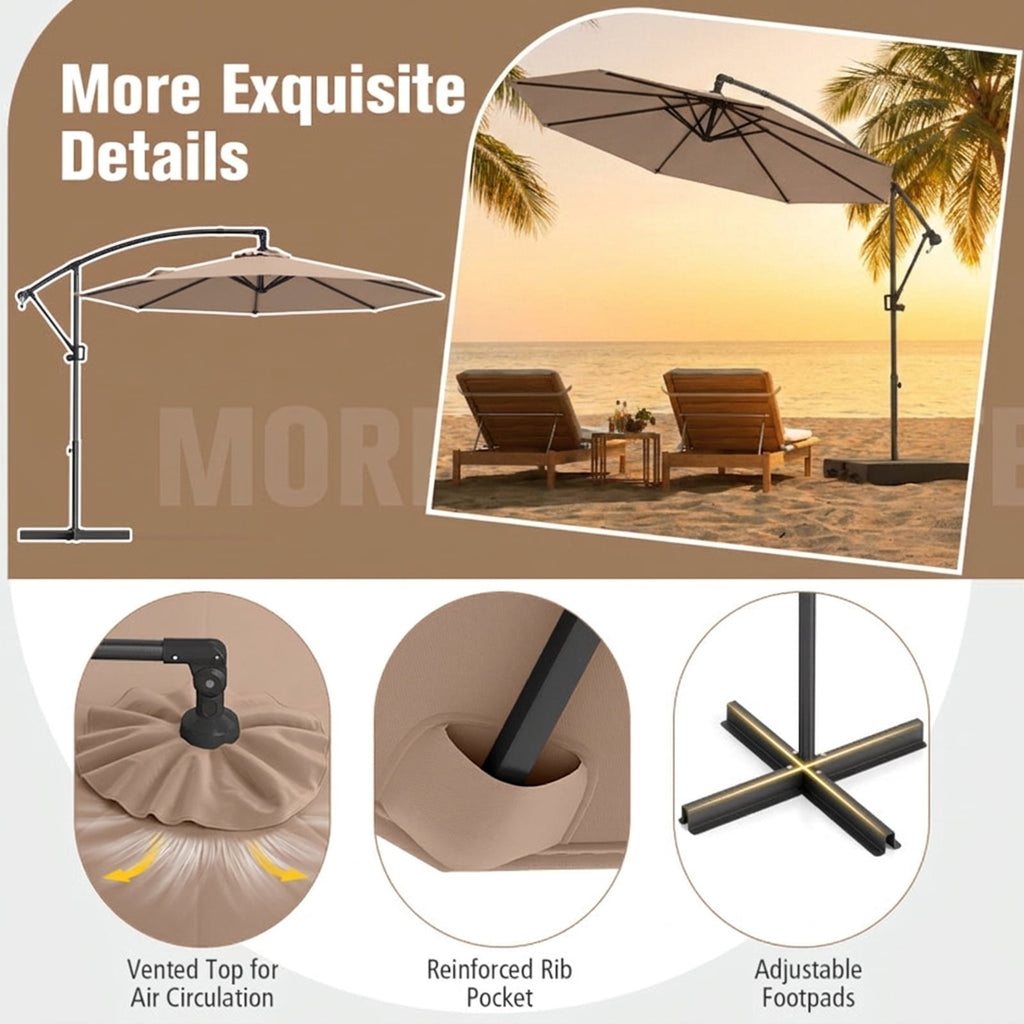 Biotree 10 ft Cantilever Patio Umbrella Offset Hanging with Cross Base, 8 Ribs - Beige for Backyard Garden Poolside