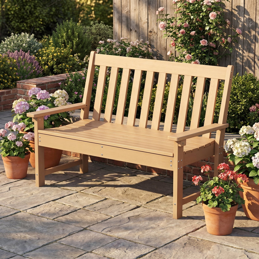 Biotree 52 Inch All-Weather HDPE Outdoor Bench with Backrest and Armrests Stackable Patio Chair for Garden BackyardTeak