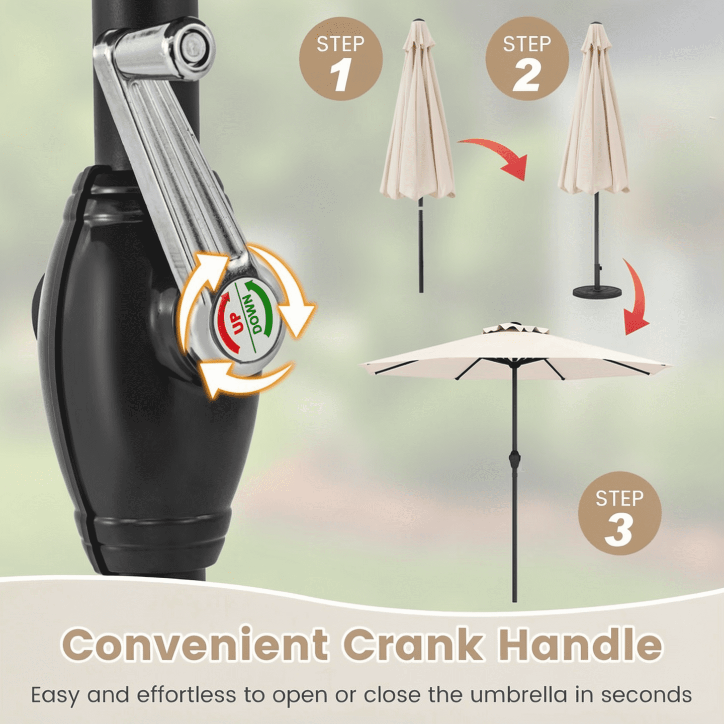 Biotree Outdoor Heavy Duty Market Umbrella with Crank Handle and 8 Sturdy Ribs-Beige - Outdoor Patio Garden Sun Shade