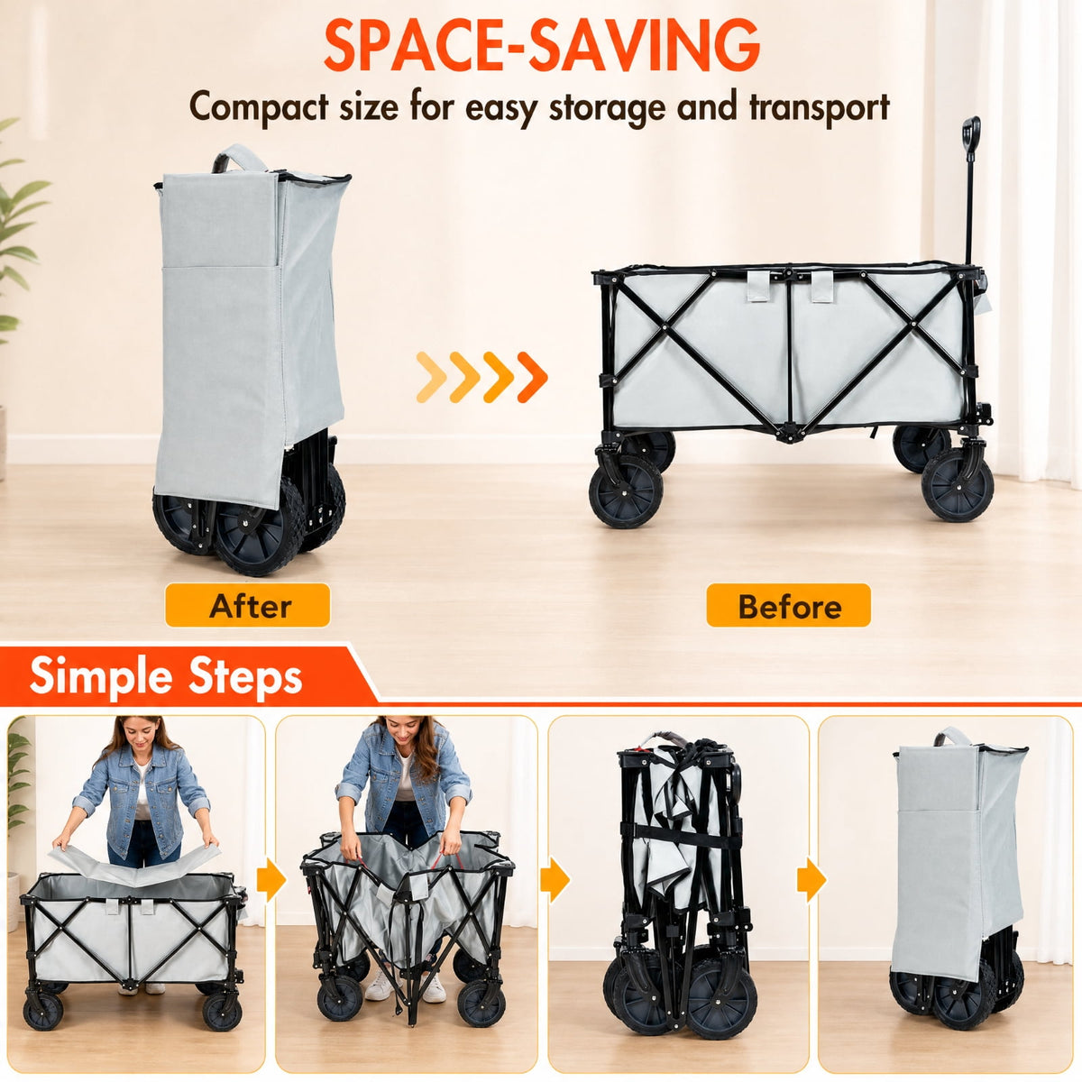 Biotree Collapsible Garden Wagon with 180 lb Capacity, Adjustable Handle, All-Terrain Wheels and Carry Bag for Camping and Shopping, Gray