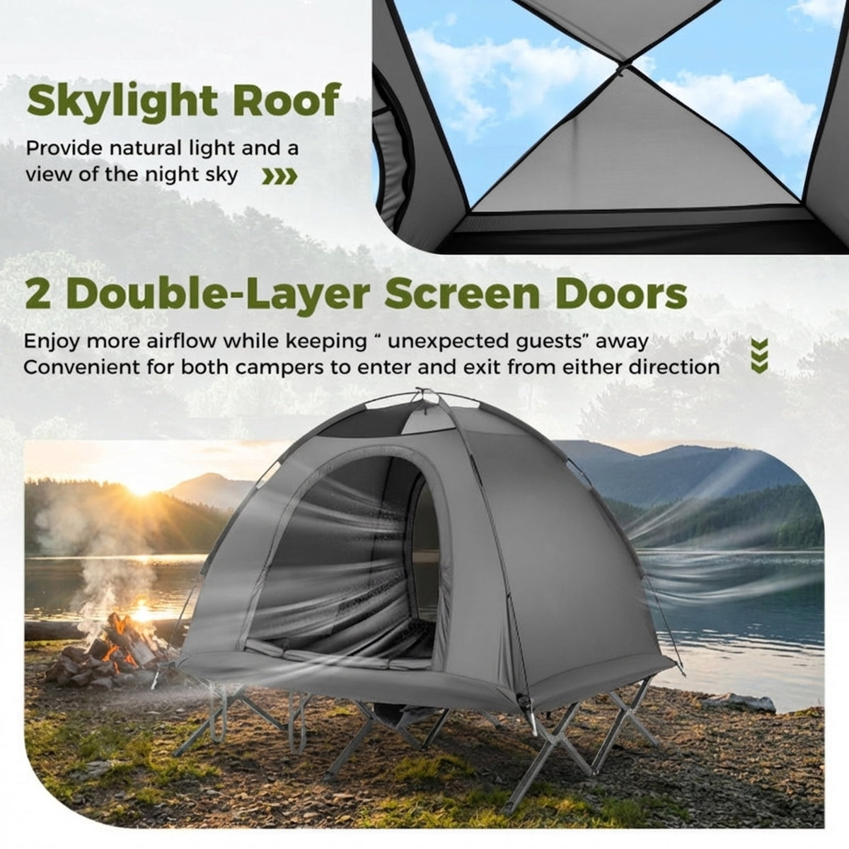 Biotree 2-Person Foldable Off-Ground Camping Cot Tent with Pop Up Shelter and Wheeled Carry Bag, Gray