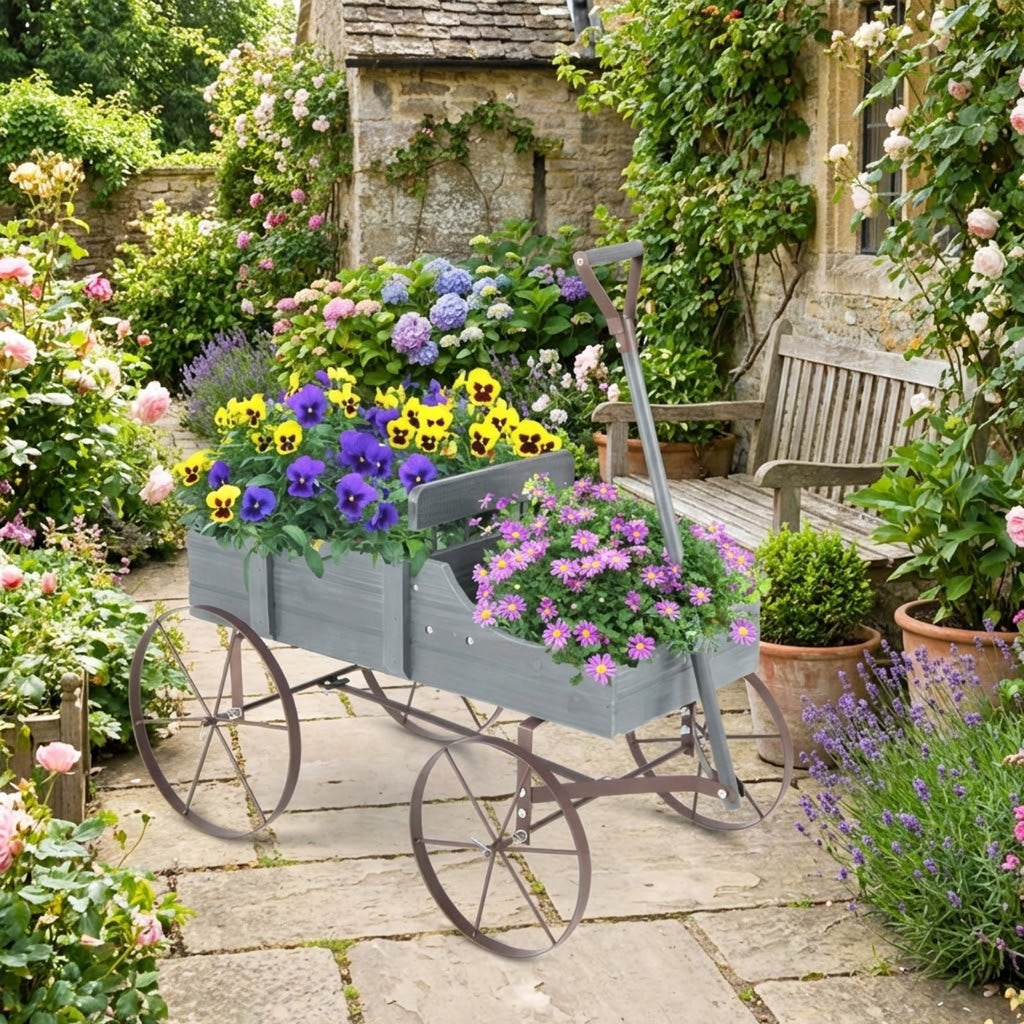 Biotree Wooden Wagon Plant Bed with Metal Wheels for Garden Yard Patio-Gray,Green