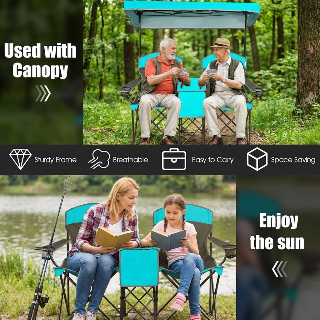 Biotree Folding Camping Chair with Sun Shade Canopy and Cup Holder for Beach Tailgating Outdoor Events, Turquoise