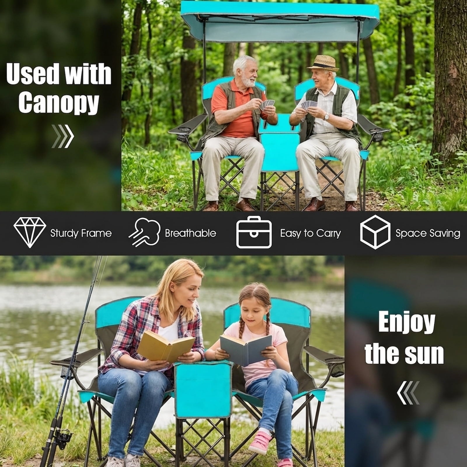Biotree Folding Camping Chair with Sun Shade Canopy and Cup Holder for Beach Tailgating Outdoor Events, Turquoise