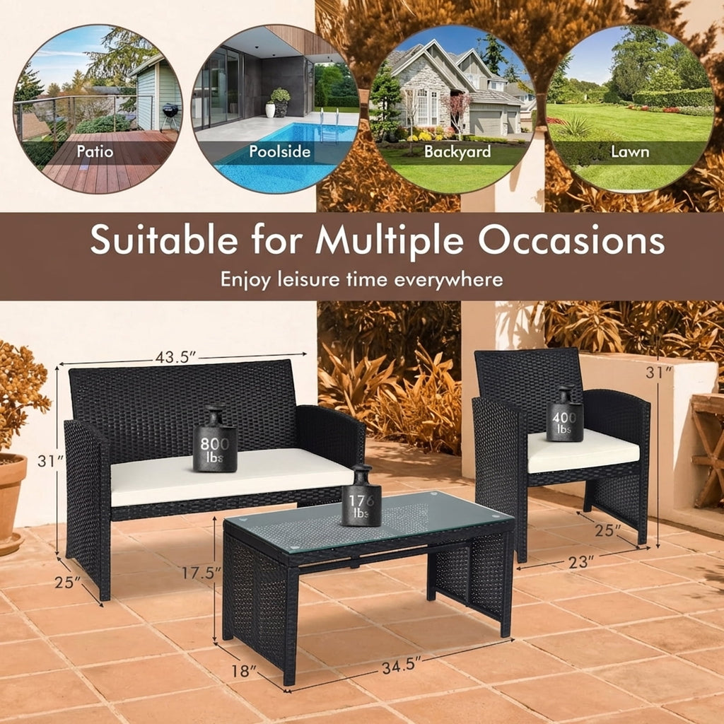 Biotree 4-Piece Patio Rattan Set with Cushions and Glass Table-White