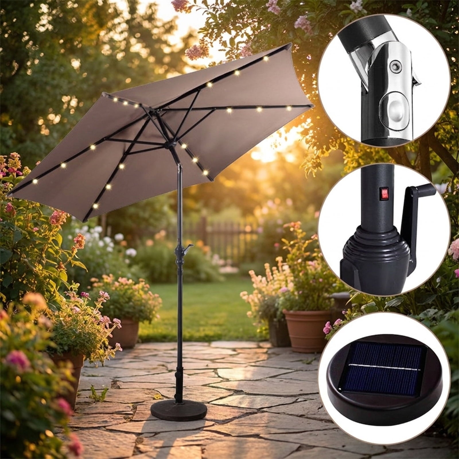 Biotree 9 ft Solar LED Market Patio Umbrella with Crank and Tilt, 6 Sturdy Ribs, Vented Canopy - Walnut