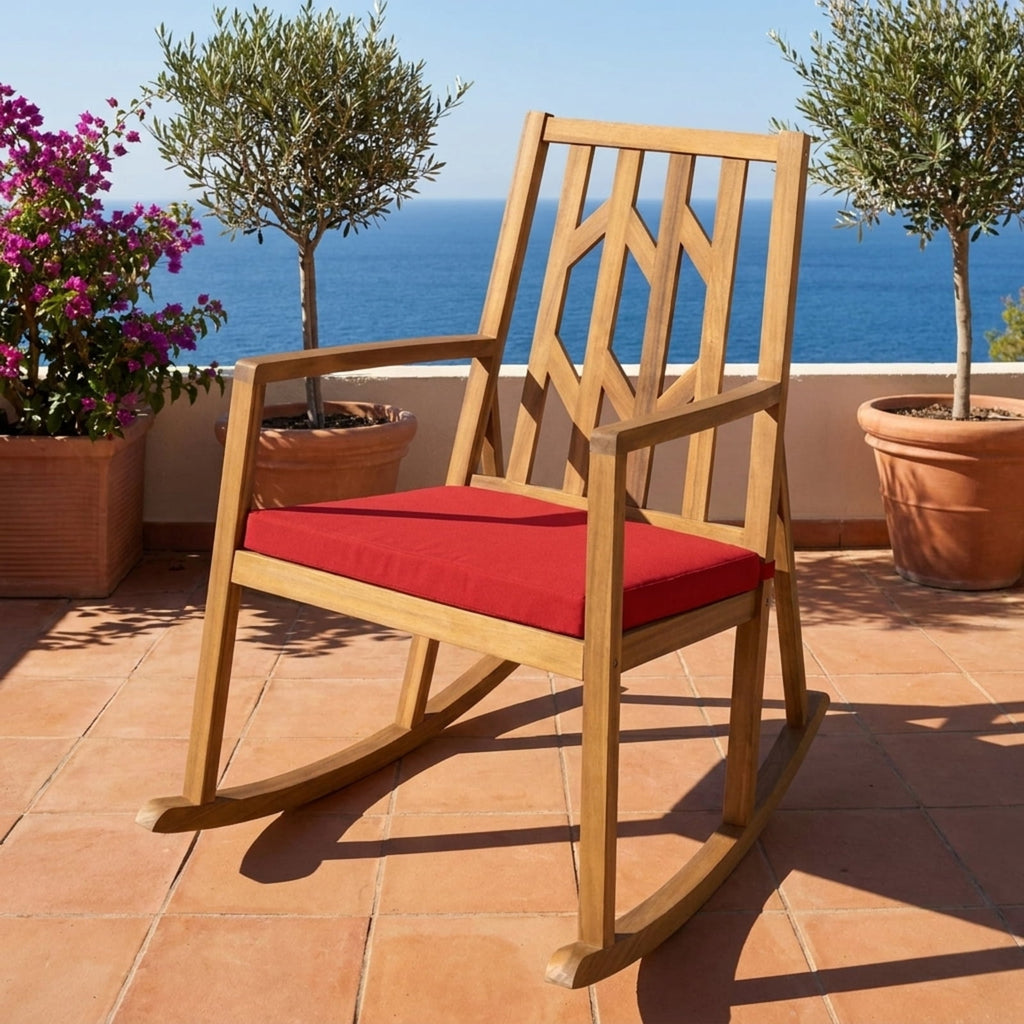Biotree Patio Acacia Wood Rocking Chair Sofa with Armrest and Cushion for Garden and Deck Stackable Patio Chair for Garden BackyardRed