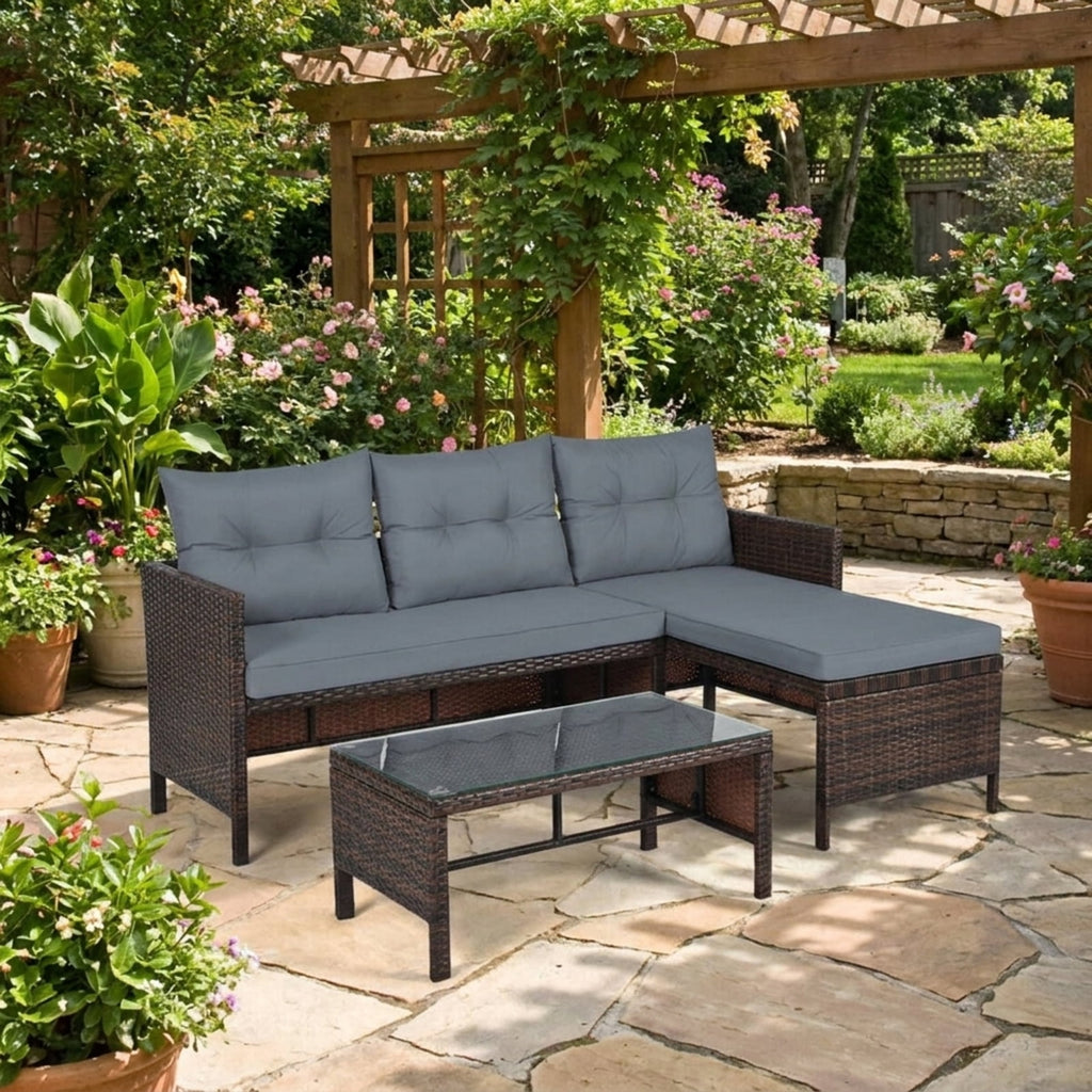 Biotree 3 Pieces Patio Wicker Rattan Sofa Set Outdoor Conversation Set for Garden Backyard PorchGray