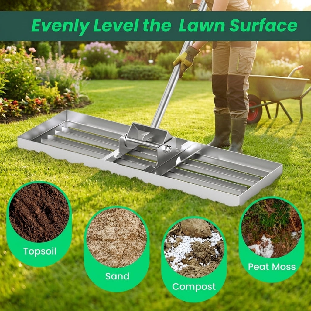 Biotree 30 x 10 Inch Lawn Leveling Rake with Ergonomic Handle for Lawn Garden Yard Soil Care, Silver