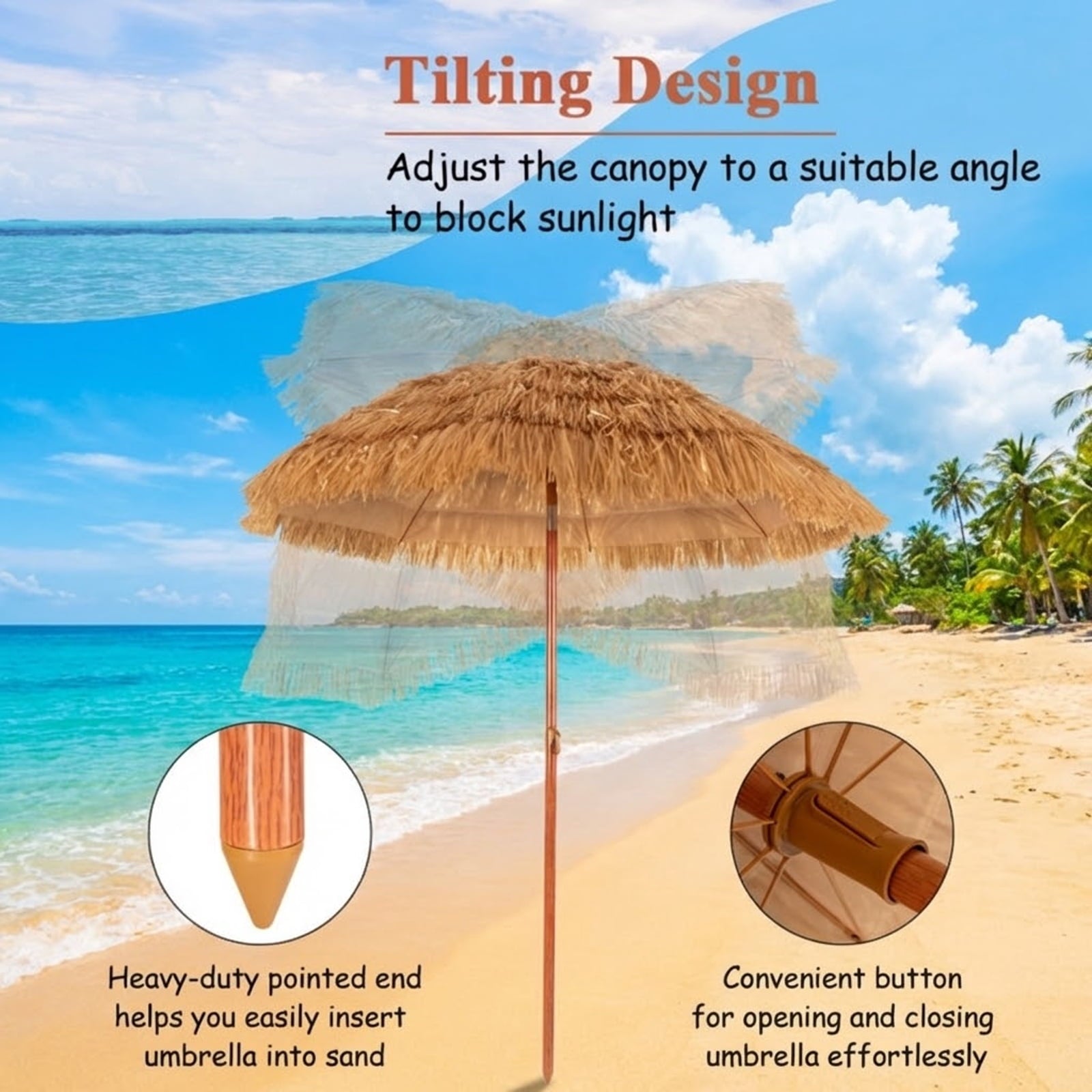 Biotree 6.5 Feet Portable Thatched Tiki Beach Umbrella with Adjustable Tilt Khaki - Portable Sun Shade for Beach Pool Backyard