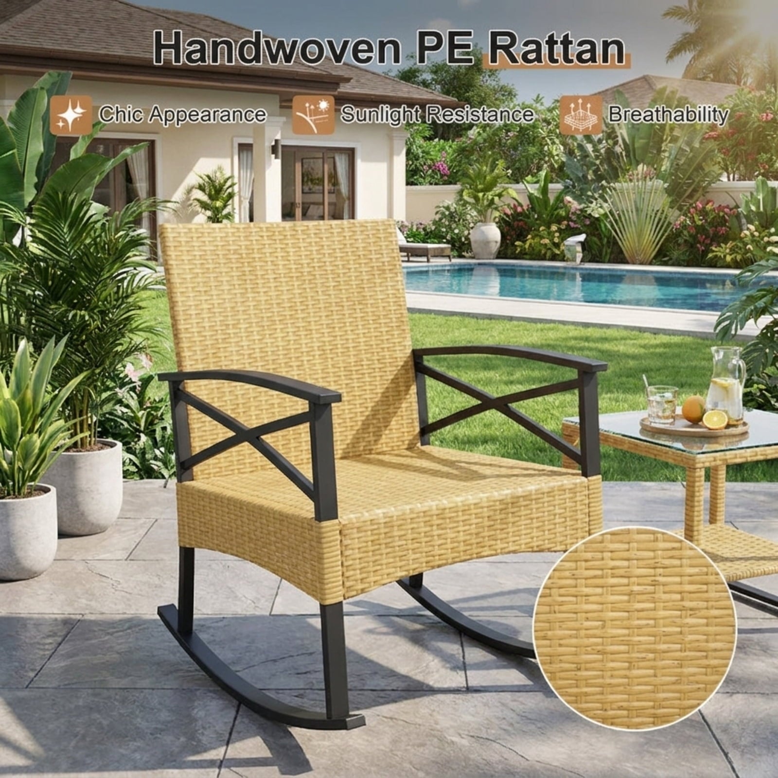 Biotree 3 Pieces Outdoor Rattan Rocking Chairs Set with 2-Tier Side Table for Garden Backyard Outdoor Conversation Set for Garden Backyard PorchGray