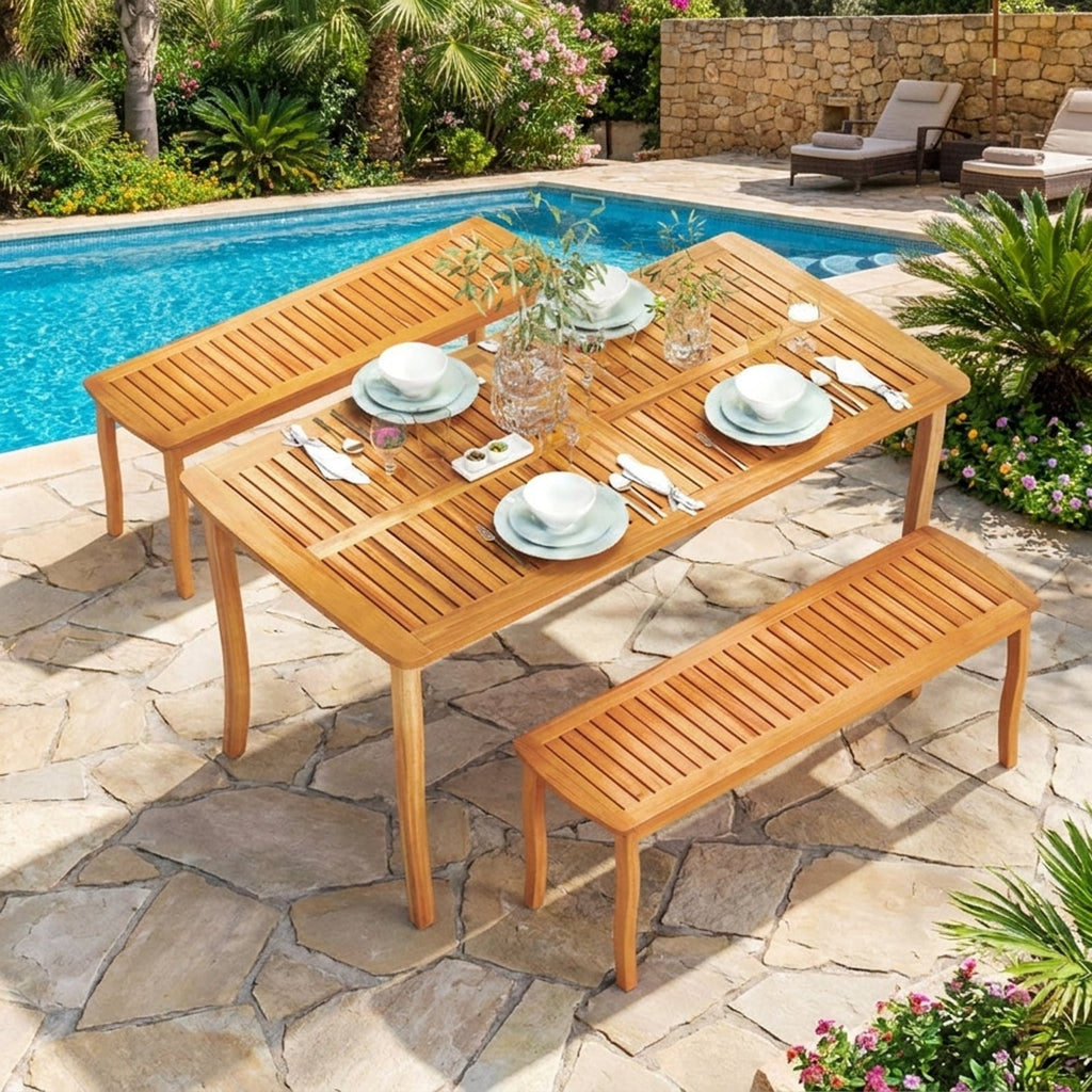 Biotree 63 inch Outdoor Dining Table with Umbrella Hole Farmhouse Bistro Dinette Furniture, Natural